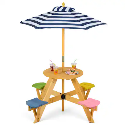 Front. Gymax - Gymax Kids Picnic Table w/ Stools Wooden Activity Desk Set w/ Foldable Umbrella - Multicolor.