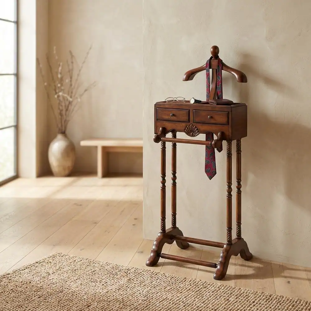 Alt View 3. Starlight Canyon Home - Traditional Valet Stand, 2 Drawers, Wooden Bedroom Clothing Organizer - Dark Brown.