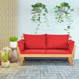 Gymax - Adjustable Patio Sofa Daybed Acacia Wood Furniture w/ Cushions - Red
