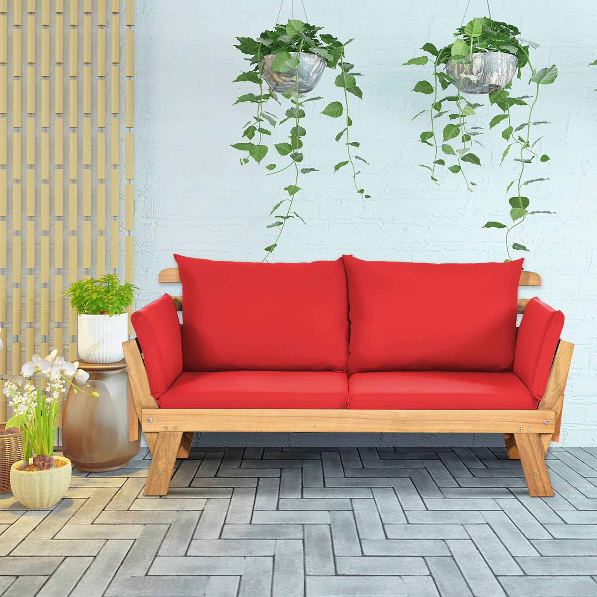 Front. Gymax - Gymax Adjustable Patio Sofa Daybed Acacia Wood Furniture w/ Red Cushions - Red.