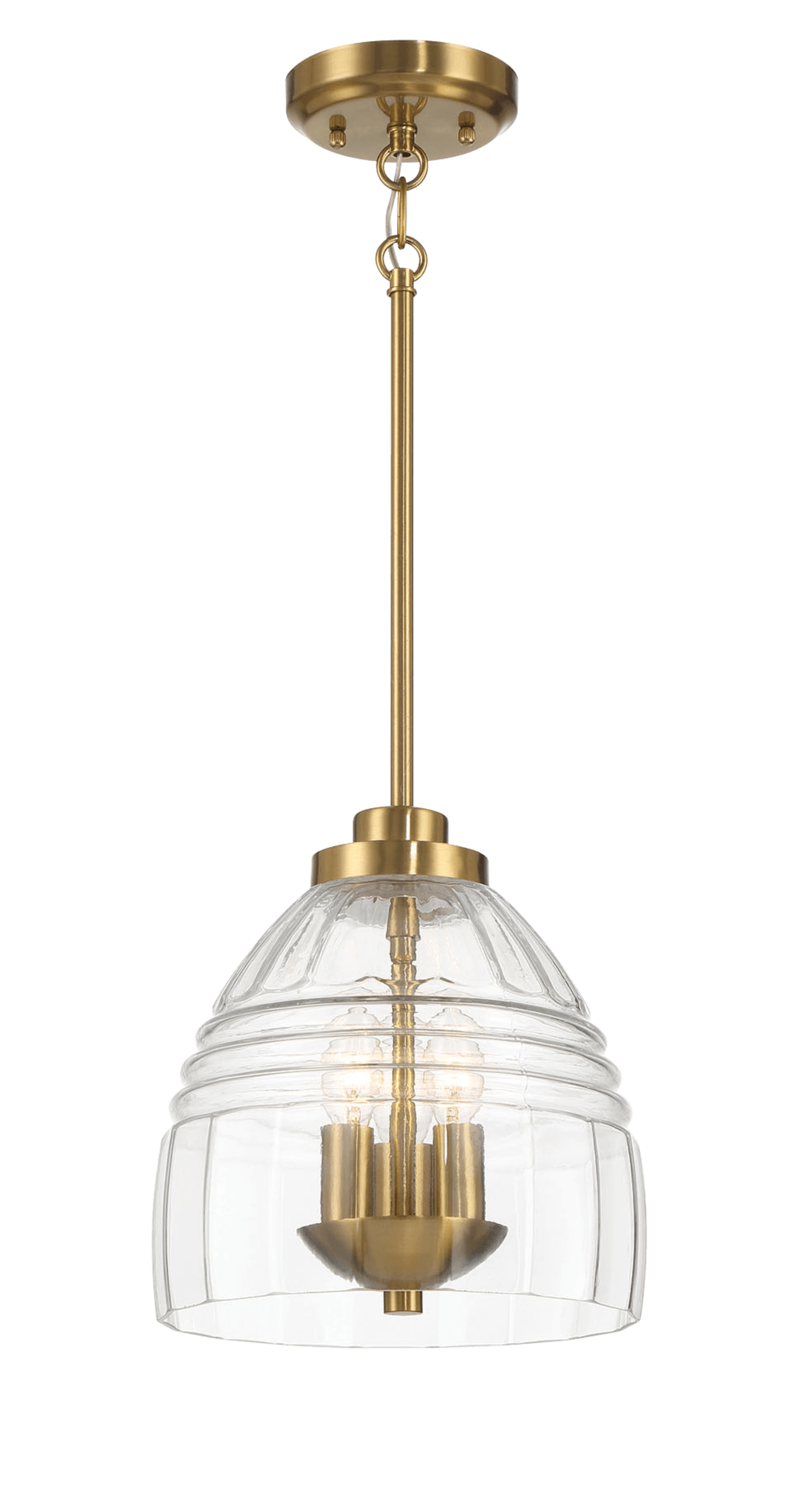 Angle. TinyHomie - Ember Three Candle Lights Chain Pendant Clear Glass Satin Brass.