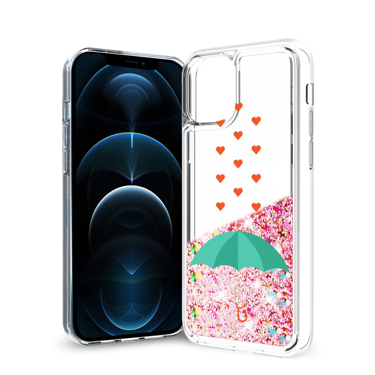 Front. Reiko - Iphone 12 / 12 Pro Glitter Case Moving Quicksand Rainbow Umbrella - Rainbow.