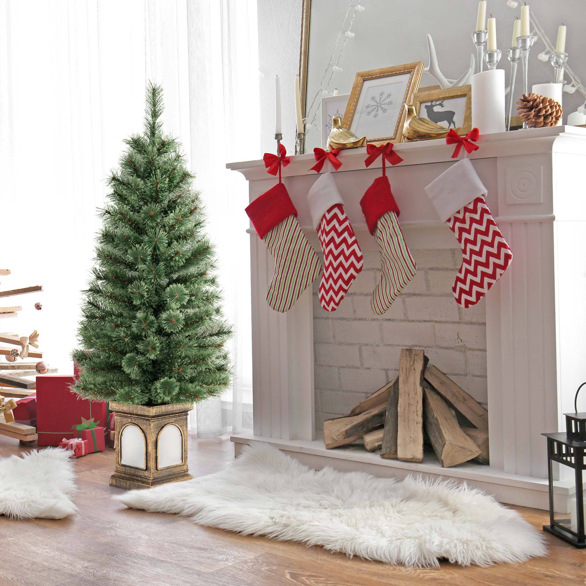 Alt View 11. Costway - 1 PCS 4 FT Pre-Lit Potted Christmas Tree Pine Needles 3 Dynamic Modes Remote Control - Green/Gold.