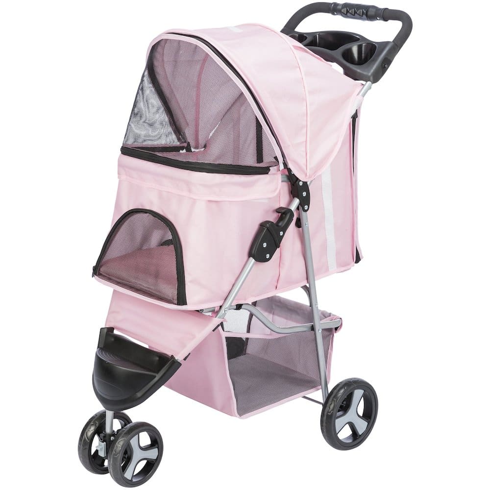 TRIXIE - 3-Wheeled Foldable Dog & Cat Stroller with Canopy and Storage Compartments - Pink