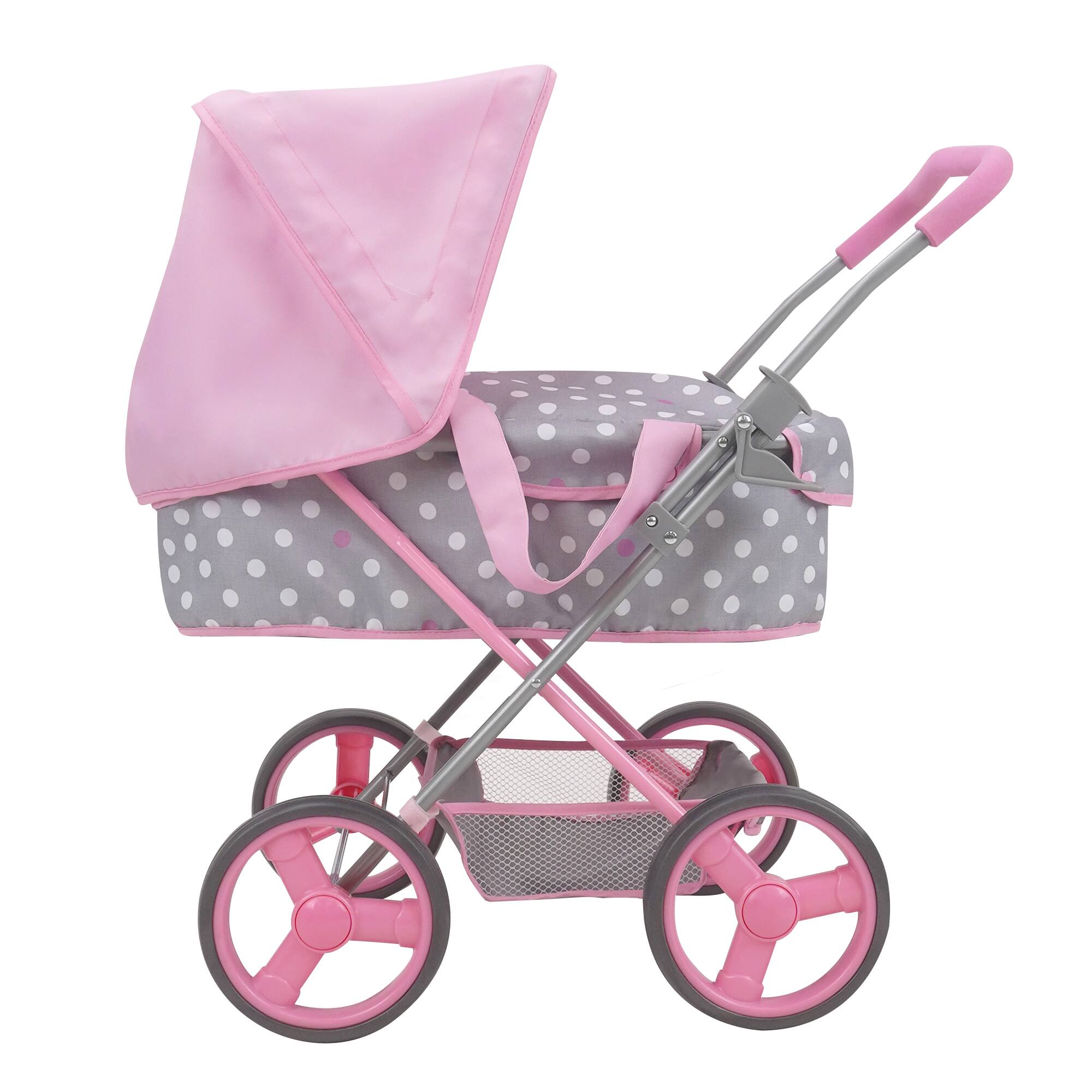 Left. 509 Crew - 509 Crew - Cotton Candy Pink Doll Pram in Grey Polka Dots Fits Dolls 18''.