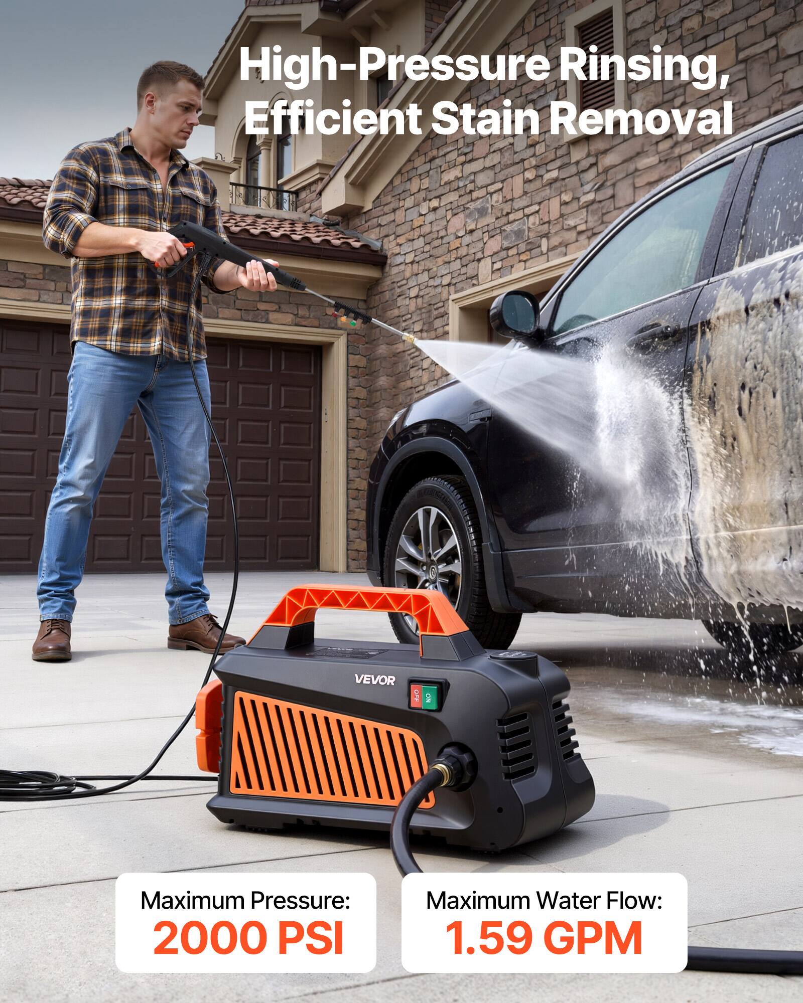 High-Pressure Rinsing, Efficient Stain Removal

VEVOR

Maximum Pressure: 2000 PSI

Maximum Water Flow: 1.59 GPM