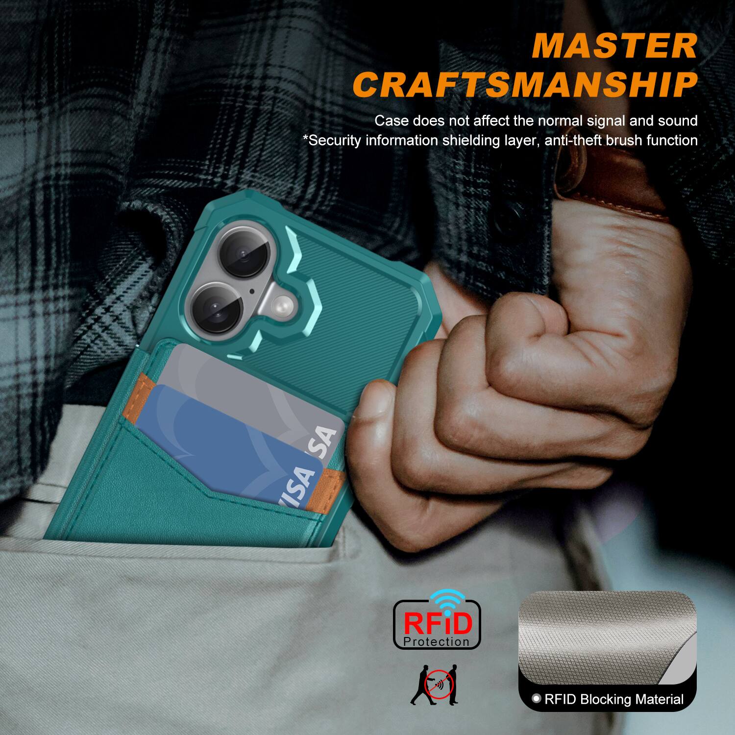 MASTER CRAFTSMANSHIP  
Case does not affect the normal signal and sound  
*Security information shielding layer, anti-theft brush function  

RFID Protection  
RFID Blocking Material