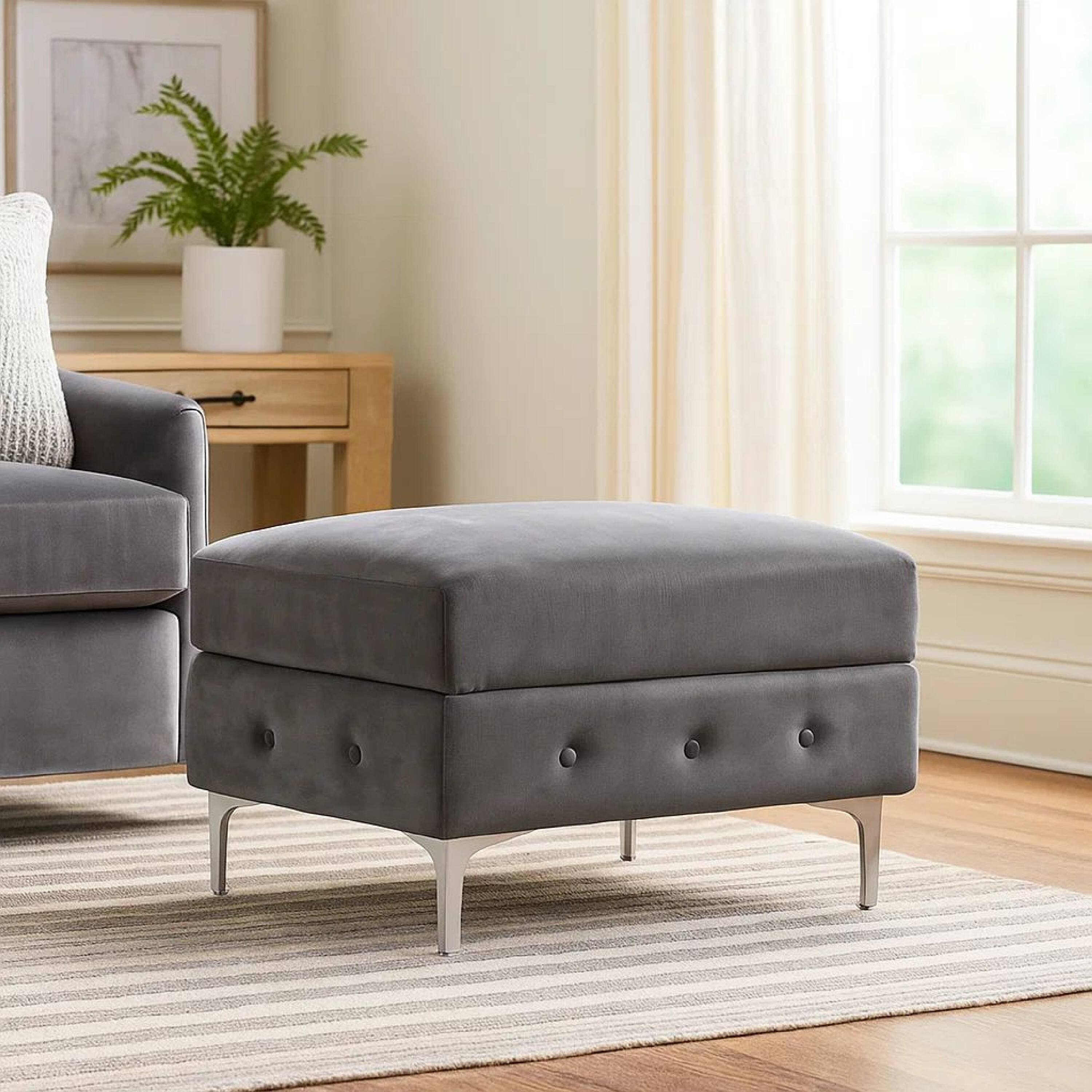 Alt View 5. Manhattan Lane - Anzo 32 Inch Square Ottoman, Button Tufting, Chrome Plated Steel Legs, Gray - Gray. Chrome.