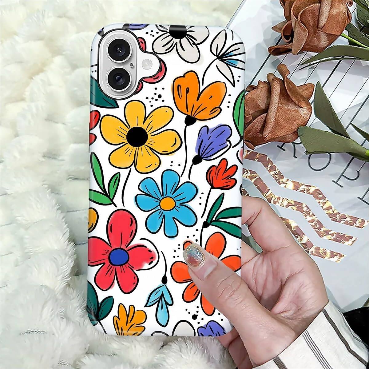 Alt View 6. Finnhomy - Smartphone Case for iPhone 16 Plus 2 Layer Durable Protection Military Grade Shockproof Design - Colorful Flowers.