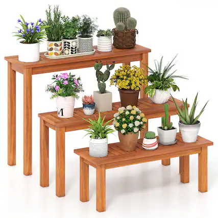 Front. Gymax - Gymax Wooden Plant Stand Set of 3 w/ Teak Oil Finish Slatted Top for Patio Garden - Brown.
