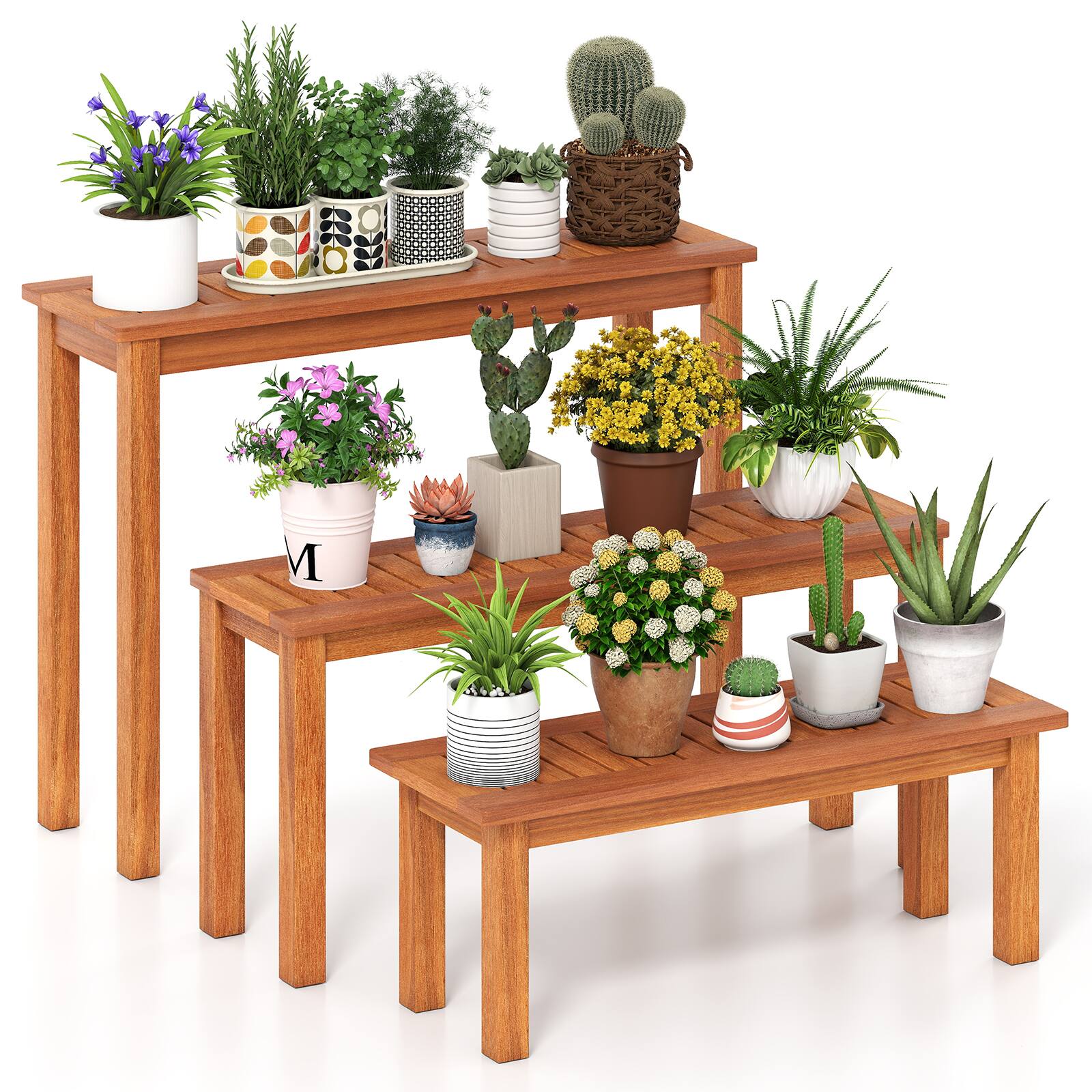 Front. Gymax - Gymax Wooden Plant Stand Set of 3 w/ Teak Oil Finish Slatted Top for Patio Garden - Brown.
