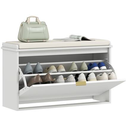 Front. Homcom - Narrow Shoe Bench with Padded Seat Cushion and Flip-Drawer, Small Entryway Bench Holds up to 265lb, Shoe Cabinet - White.