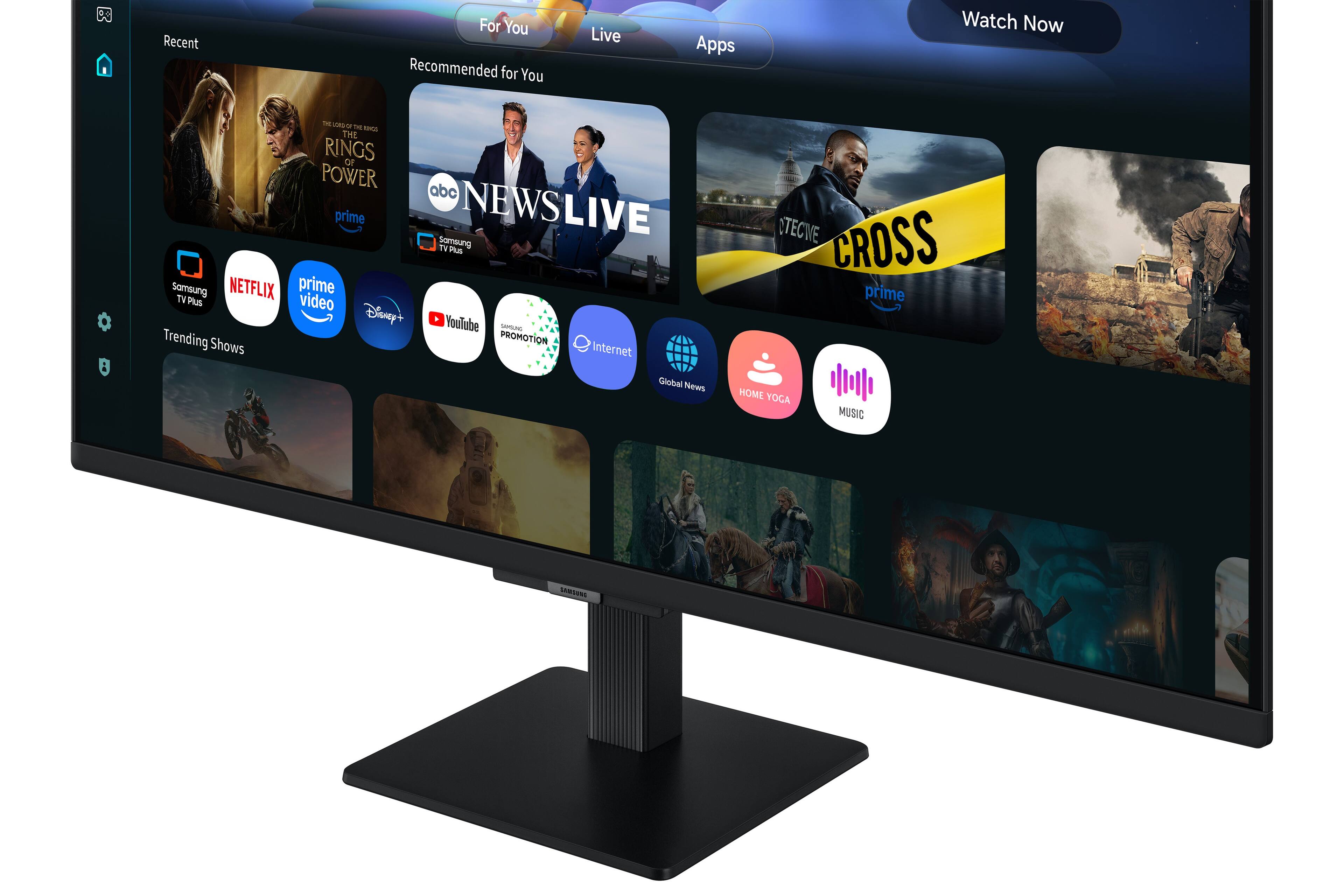Recent  
For You  
Recommended for You  
Live  
Apps  
Watch Now  

- THE RINGS OF POWER  
- NEWS LIVE  
- THE CROX  
- Samsung TV Plus  
- NETFLIX  
- prime video  
- Disney+  
- YouTube  
- PROMOTION  
- Internet  
- Global News  
- HOME YOGA  
- MUSIC  

Trending Shows