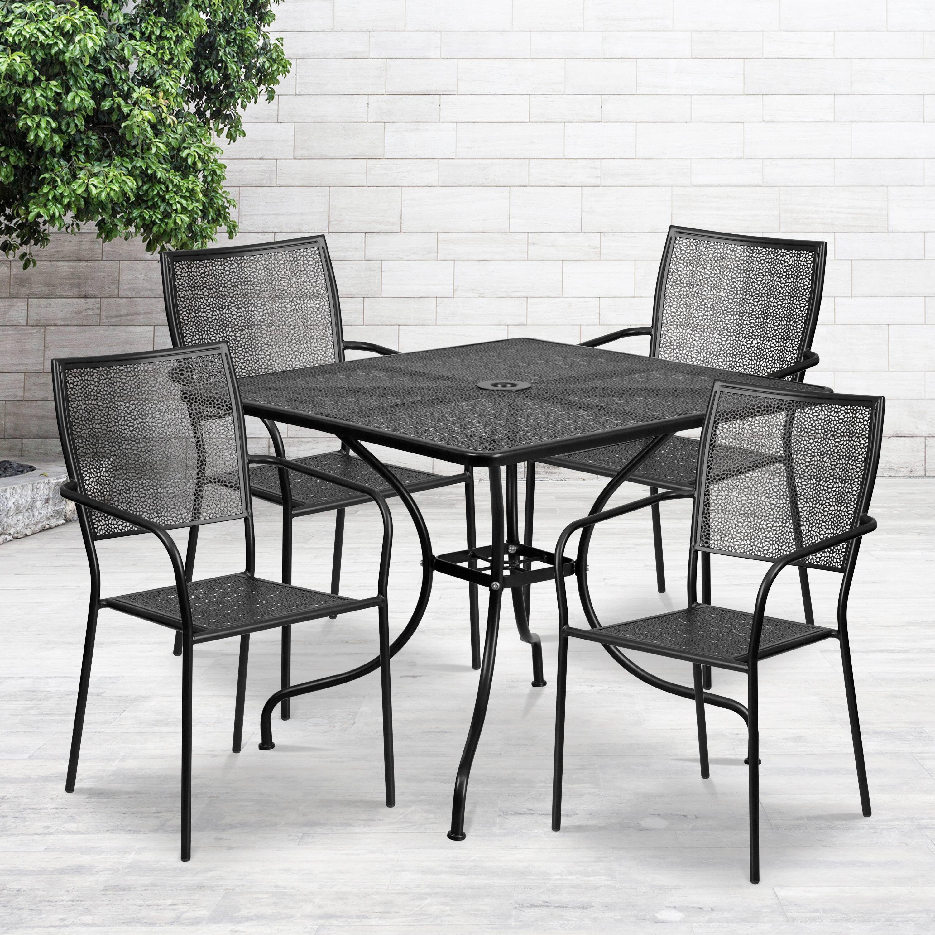 Alt View 1. Emma + Oliver - Commercial Grade 35.5" Square Metal Garden Patio Table Set, 4 Square Back Chairs - Black.