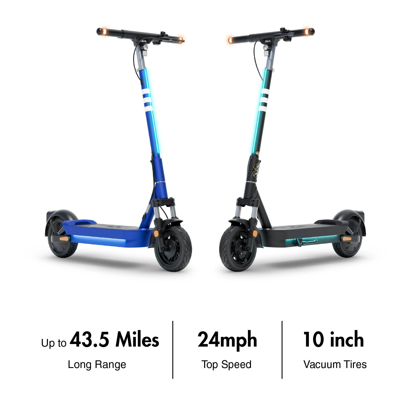 The text on the image reads: "Up to 43.5 Miles Long Range 24mph Top Speed 10 inch Vacuum Tires."