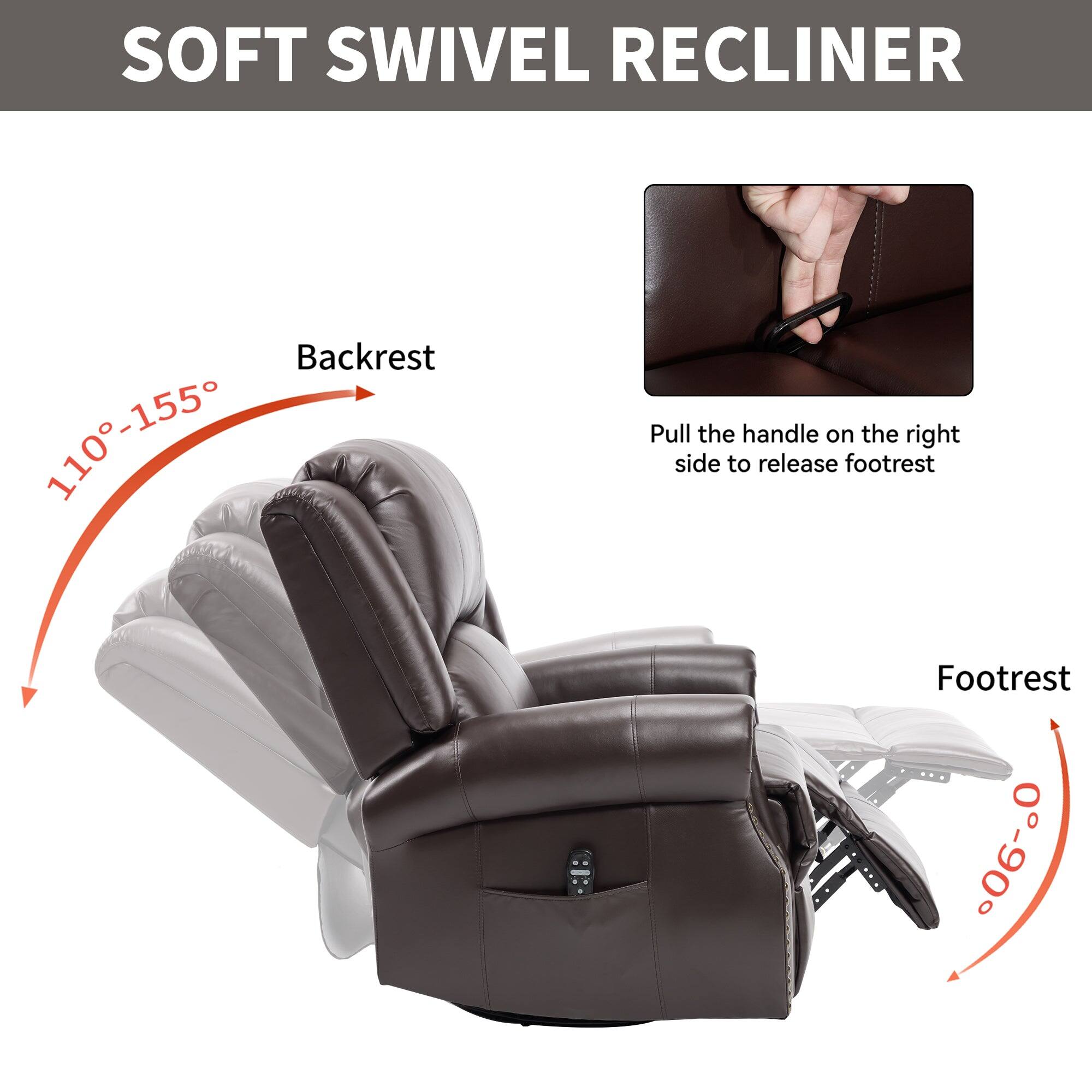 SOFT SWIVEL RECLINER

Backrest: 110°-155°

Footrest: 0°-90°

Pull the handle on the right side to release footrest