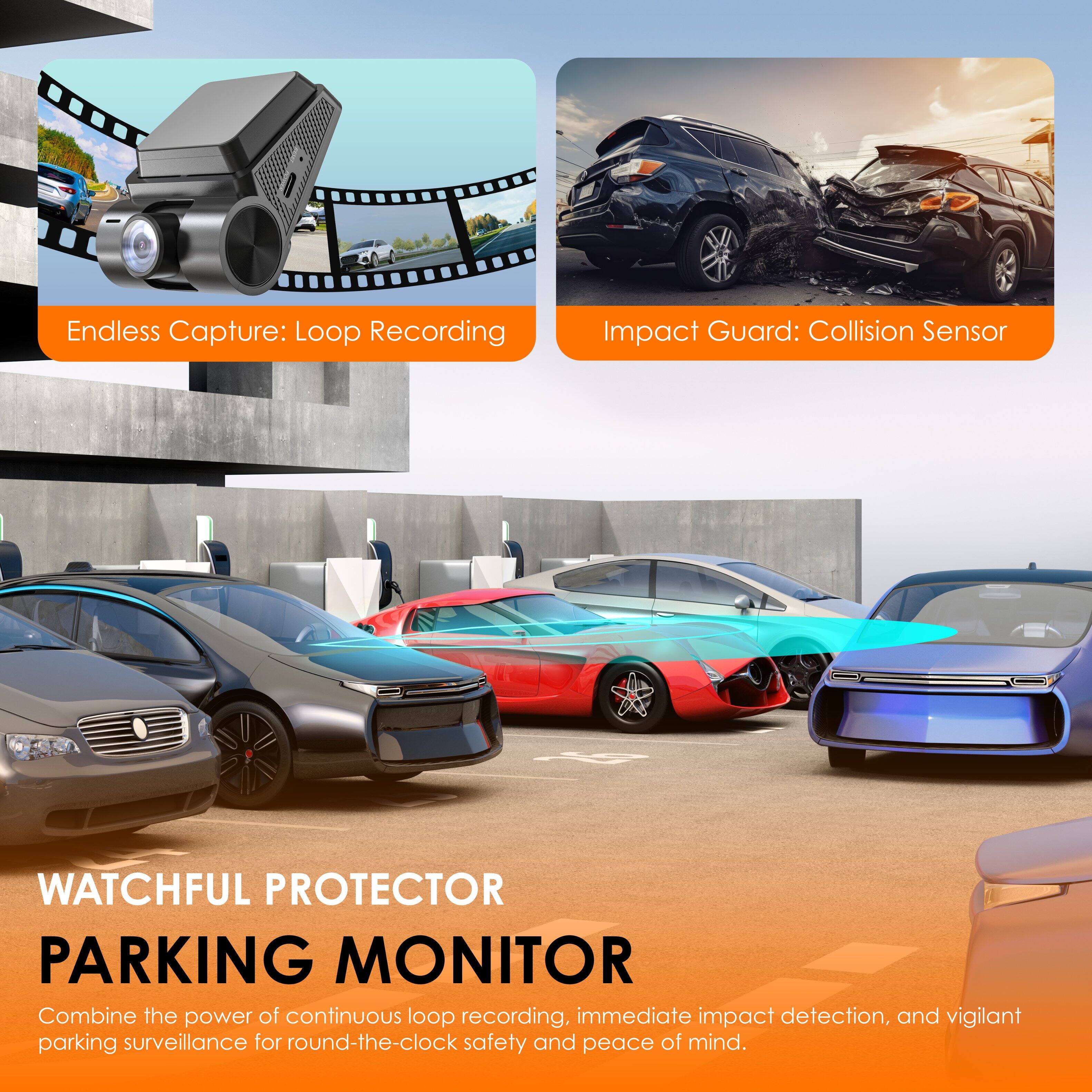 The text on the image is grouped and corrected as follows:

Endless Capture: Loop Recording
Impact Guard: Collision Sensor
Watchful Protector Parking Monitor
Combine the power of continuous loop recording, immediate impact detection, and vigilant parking surveillance for round-the-clock safety and peace of mind.