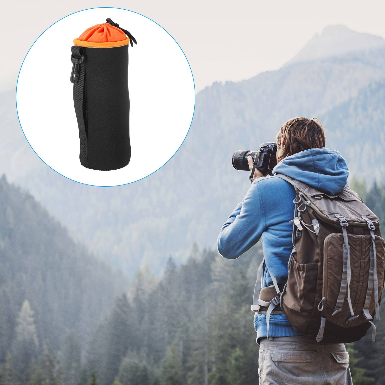 Alt View 6. Unique Bargains - Camera Lens Bag, 2pcs 3.7"x9.8" Cylindrical Drawstring Pouch with Neoprene for DSLR Lens, Water Coffee Cups - Black Orange.