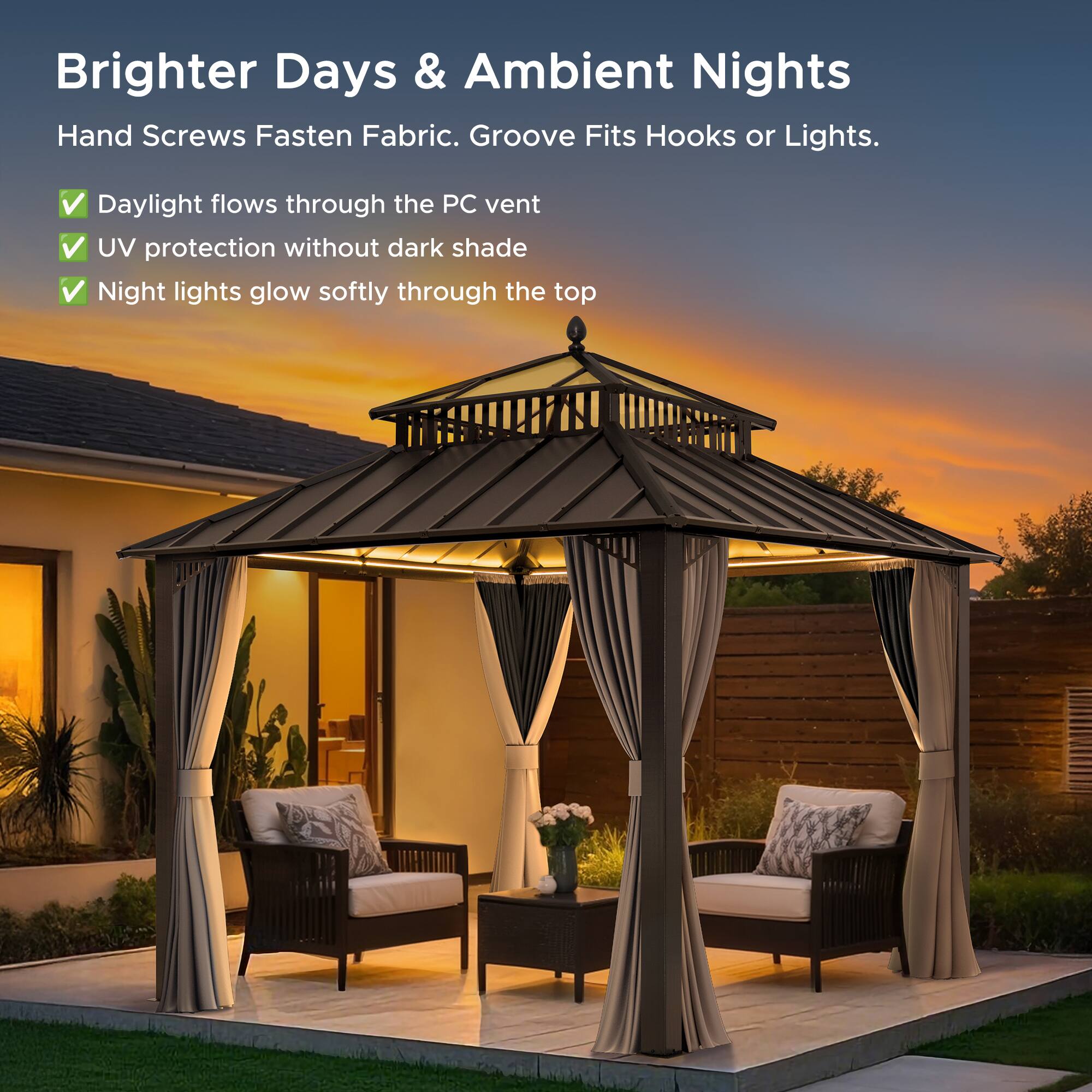 Brighter Days & Ambient Nights  
Hand Screws Fasten Fabric. Groove Fits Hooks or Lights.  
- Daylight flows through the PC vent  
- UV protection without dark shade  
- Night lights glow softly through the top