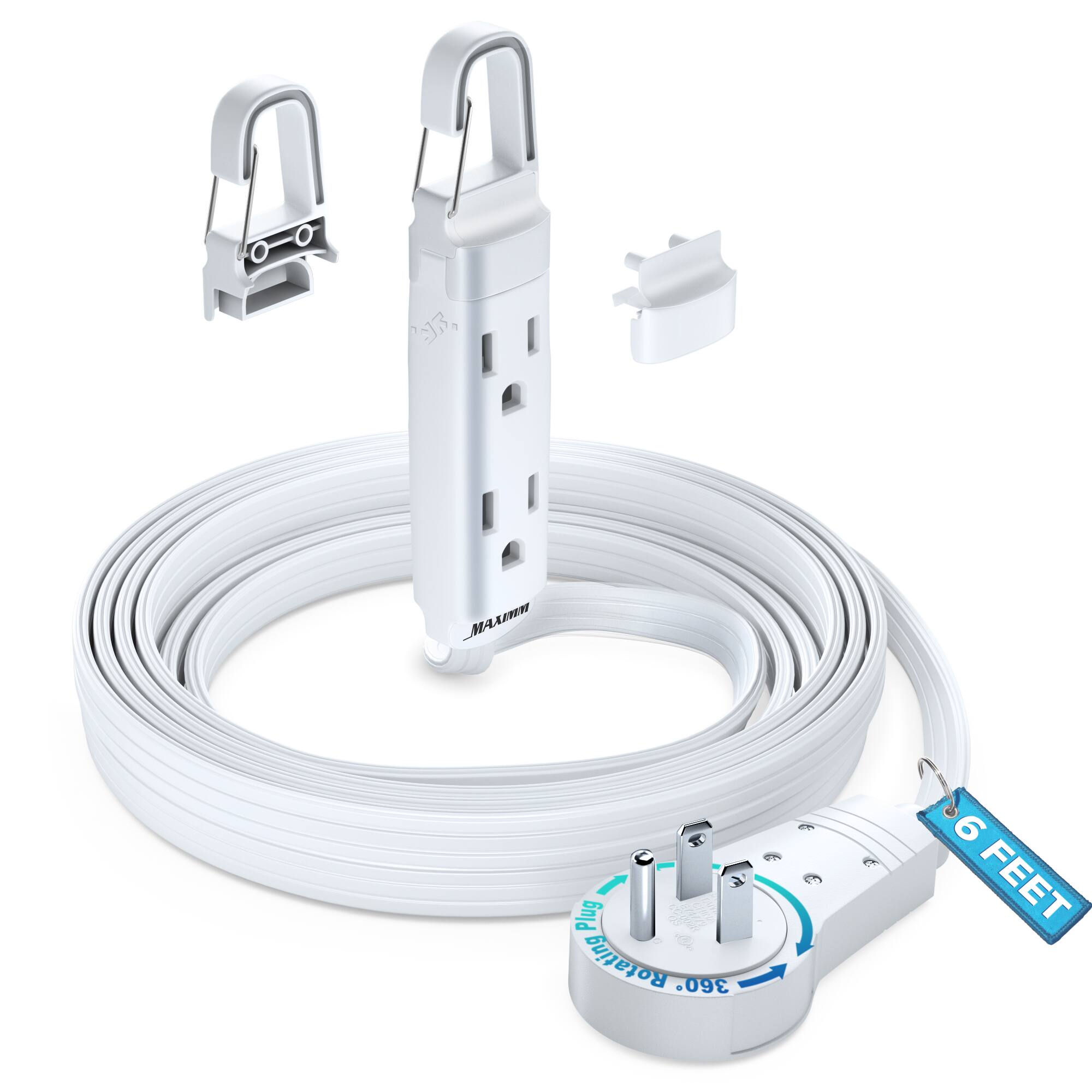 Maximm - 360° Rotating Flat Plug Extension Cord with a Removable Hook, Extension Cord 6 ft (16 Gauge) UL Certified - White