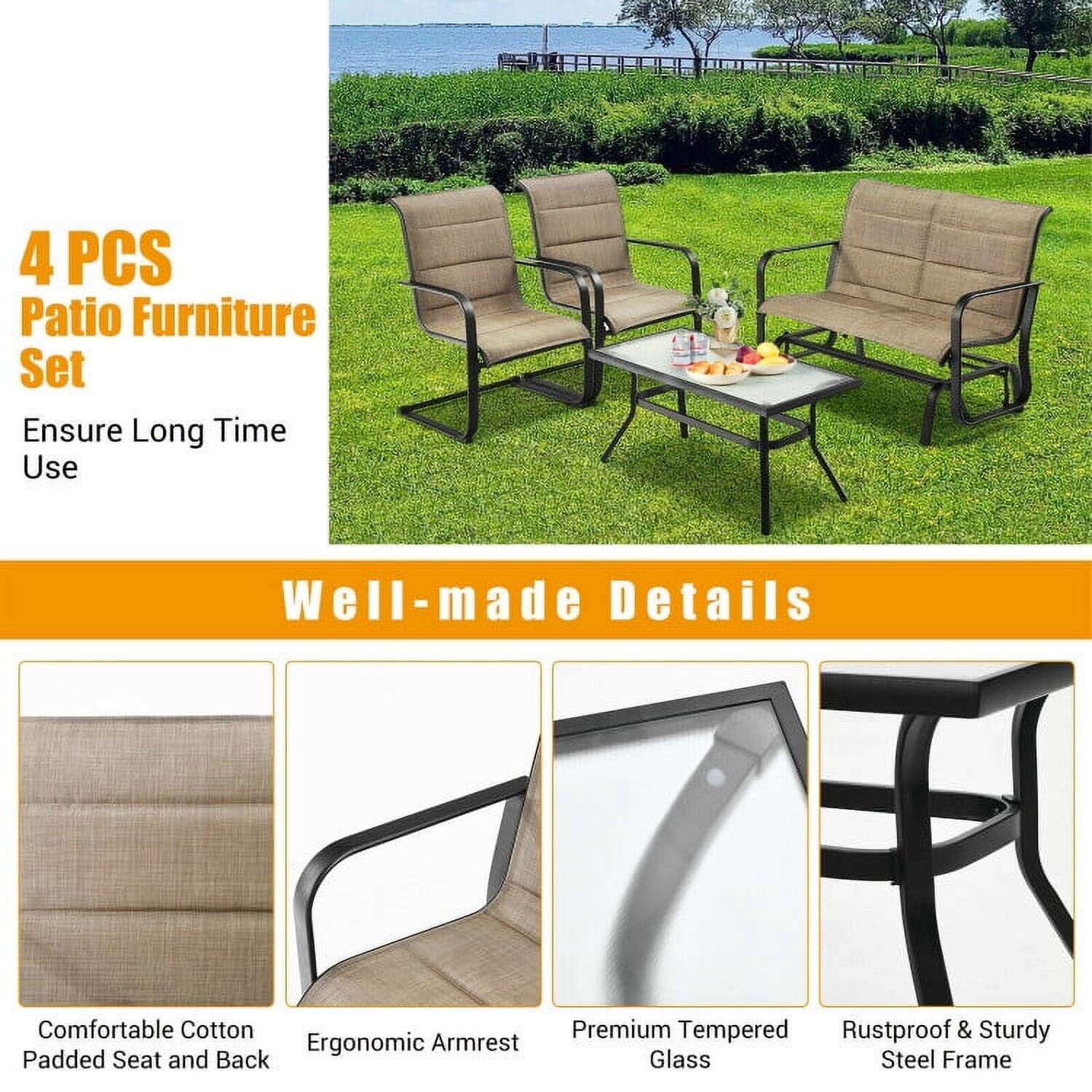 4 PCS Patio Furniture Set  
Ensure Long Time Use  

Well-made Details  
Comfortable Cotton Padded Seat and Back  
Ergonomic Armrest  
Premium Tempered Glass  
Rustproof & Sturdy Steel Frame