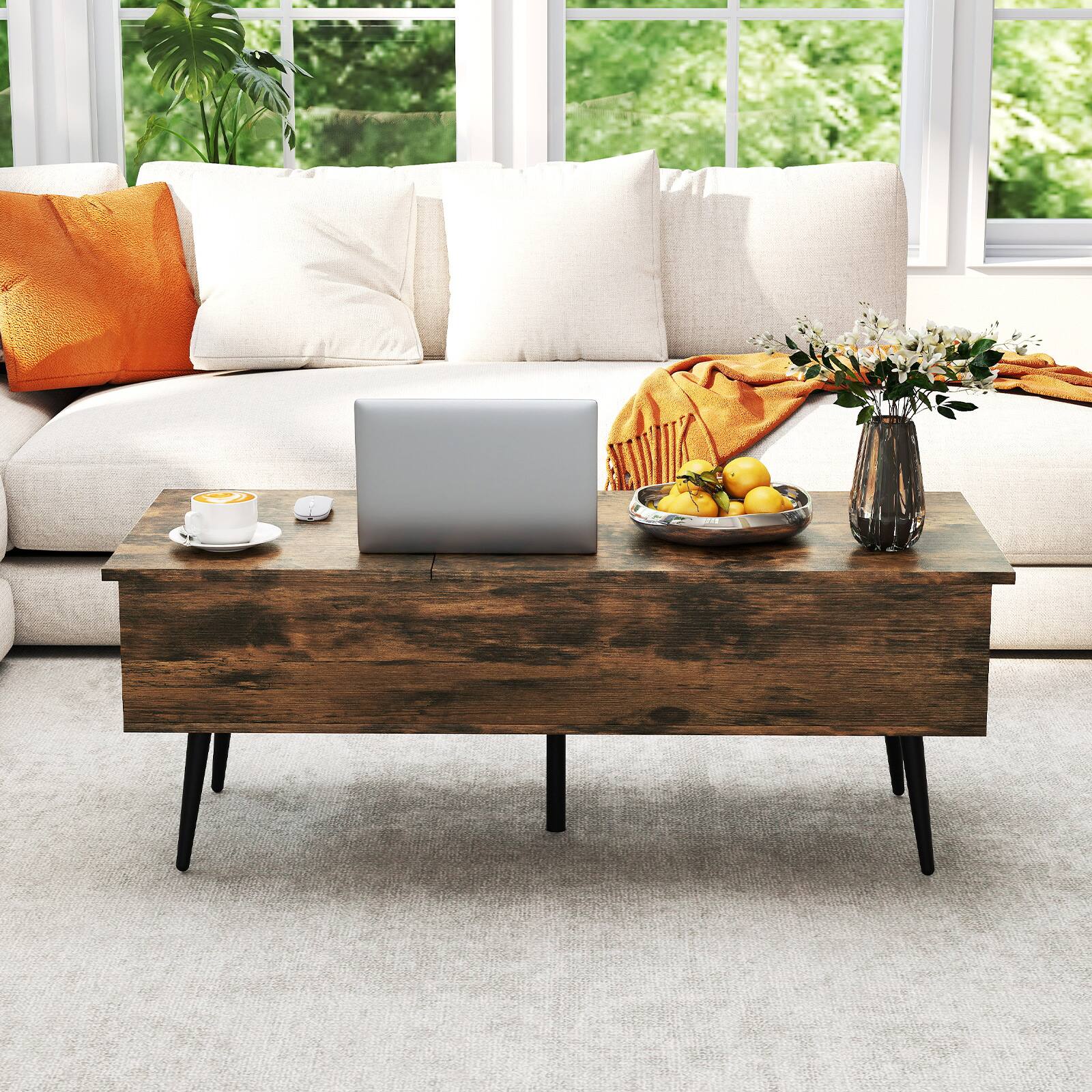 Alt View 4. Gymax - Gymax Mid Century Modern Center Table w/ Split Top & 2 Hidden Compartments - Rustic Brown, Black.