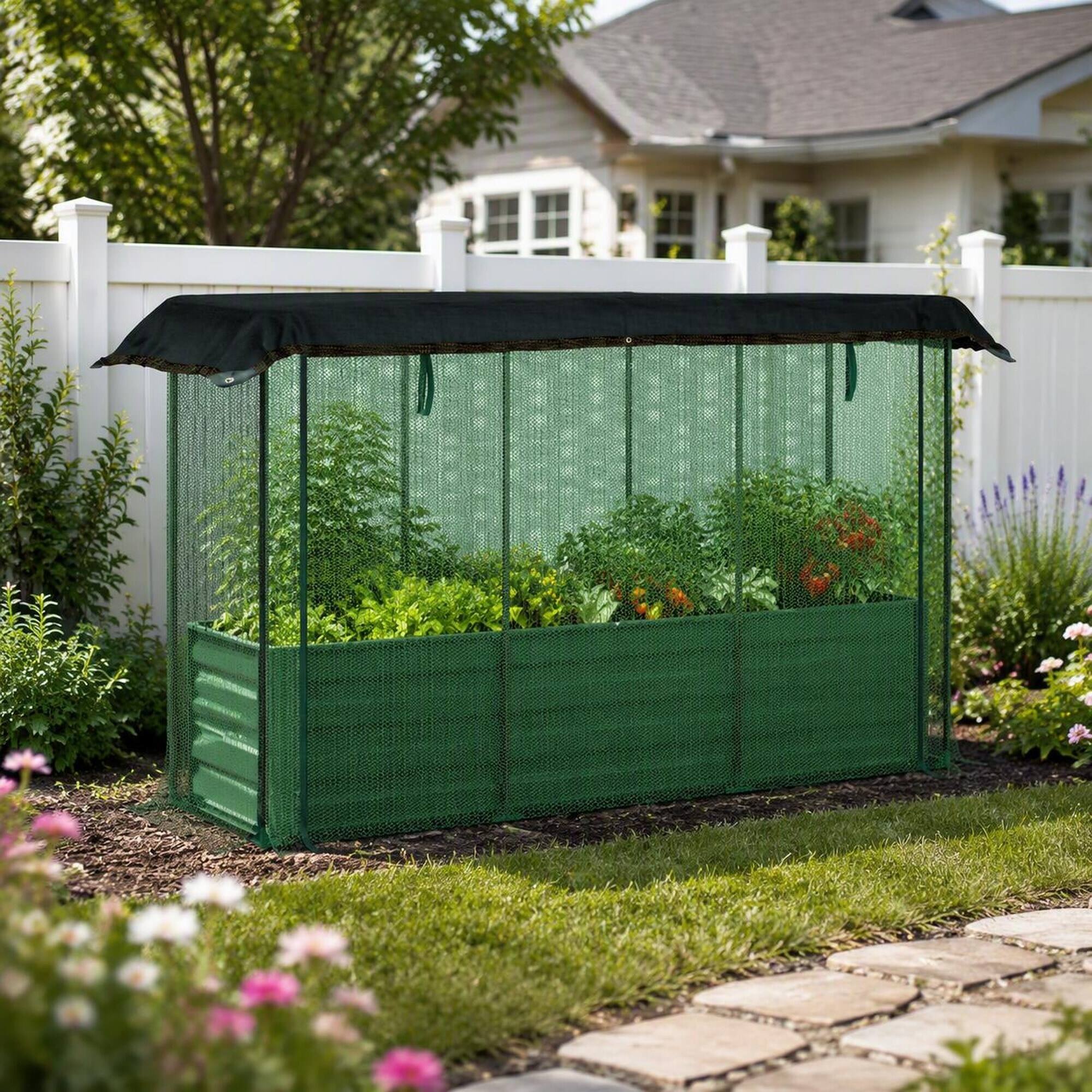 Alt View 1. RYHNUYNE - Galvanized Steel Raised Garden Bed with Crop Cage and Shade Cloth, Open Bottom Planter Box for Vegetables, 72.8 - Green.