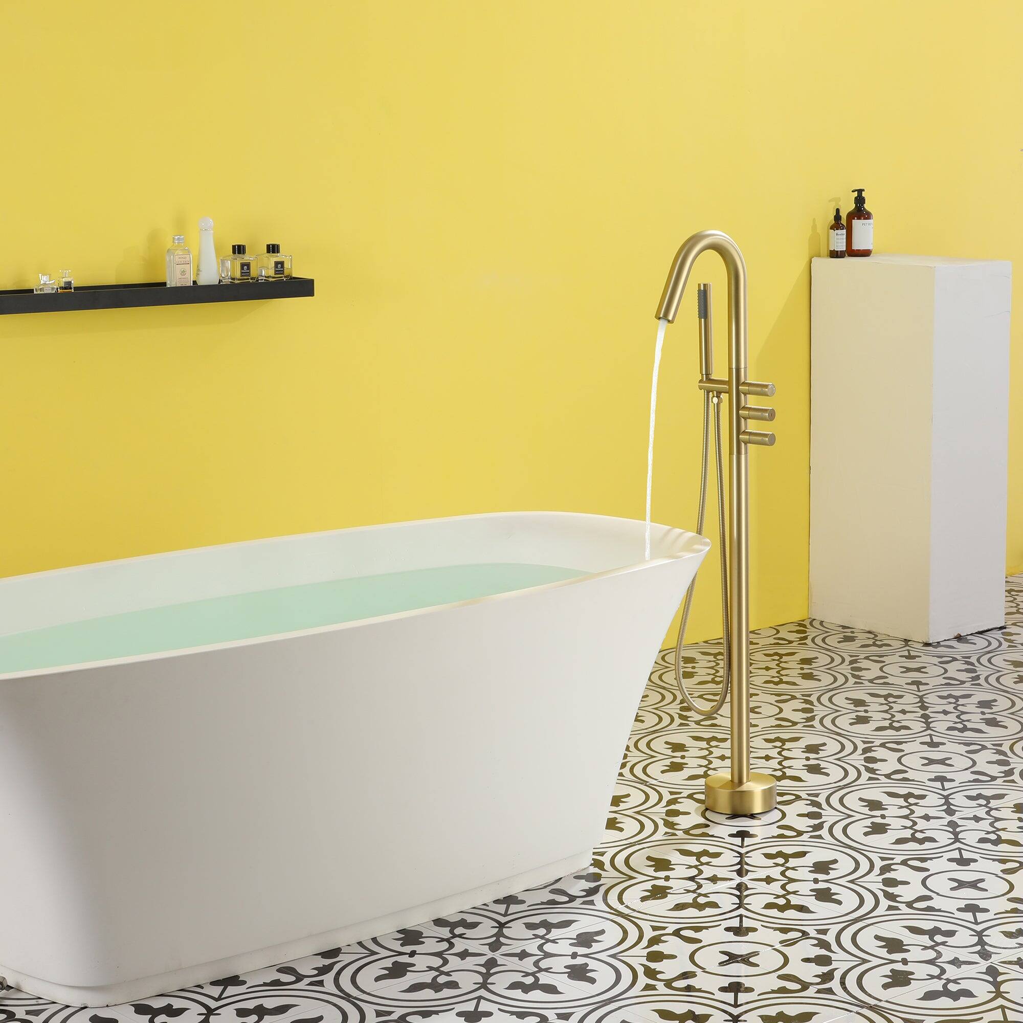 Alt View 4. Boyel Living - Freestanding Floor Mount 3-Handle Bath Tub Filler Faucet with Handheld Shower and Water Supply Lines in Brushed Gold - Brushed Gold.