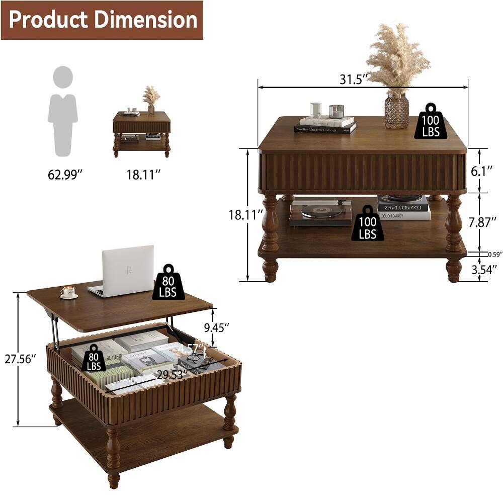 Product Dimension

31.5"  
62.99"  
18.11"  
6.1"  
18.11"  
7.87"  
0.59"  
3.54"  
9.45"  
27.56"  
80 LBS  
4.57"  
29.53"  
100 LBS