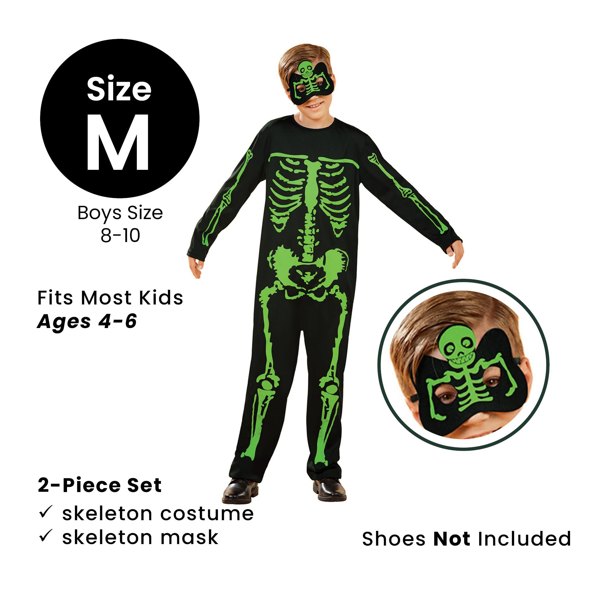 Size M  
Boys Size 8-10  
Fits Most Kids Ages 4-6  

2-Piece Set  
✓ skeleton costume  
✓ skeleton mask  

Shoes Not Included
