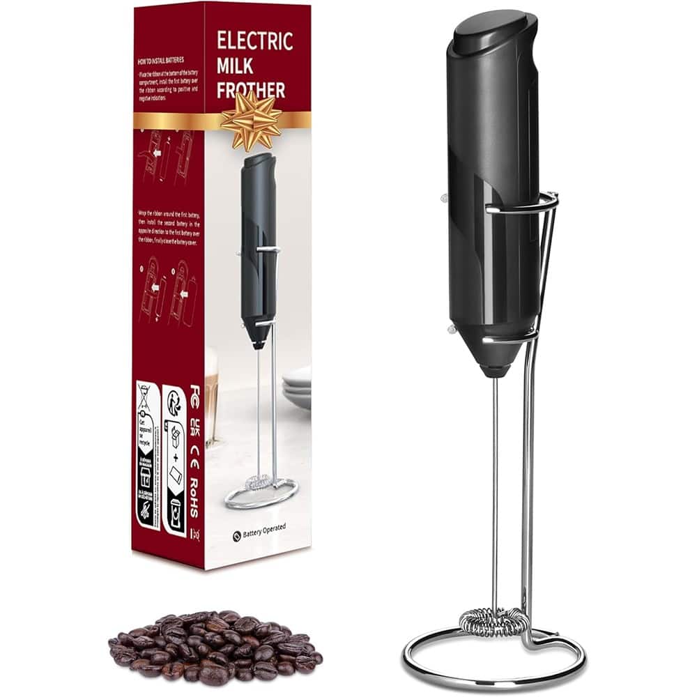 ACJPR - Electric Milk Frother Handheld with Stainless Steel Stand, Battery-Operated Whisk Mixer for Coffee, Latte, Matcha, Hot C - Black