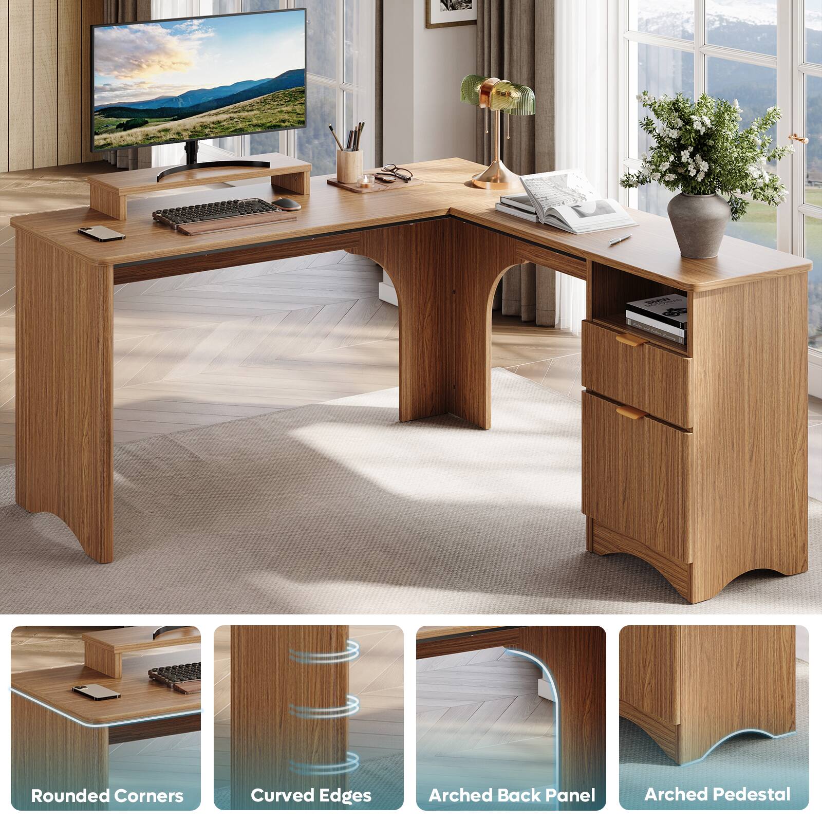 Rounded Corners  
Curved Edges  
Arched Back Panel  
Arched Pedestal