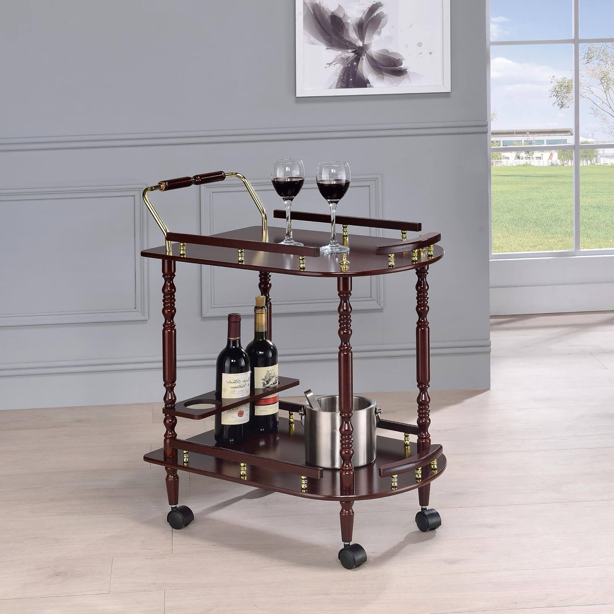 Front. APRILSOUL - Merlot and Brass 2-shelf Serving Cart - Brown.