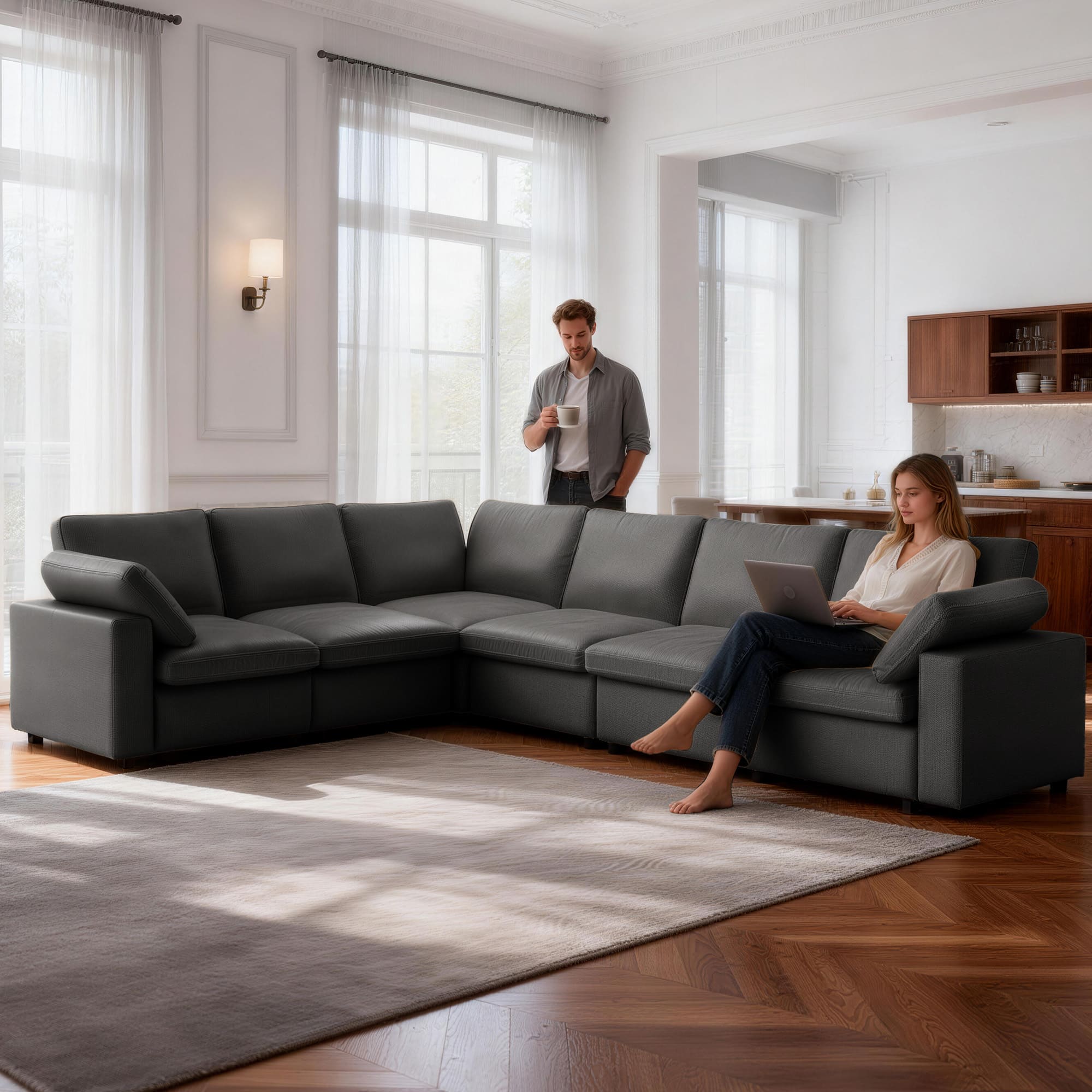 Dyonery - 130"Leather Corner Sofa , Oversized Modular Sofa, Scratch-Resistant Synthetic Leather, U-Shaped Sofa. - Gray