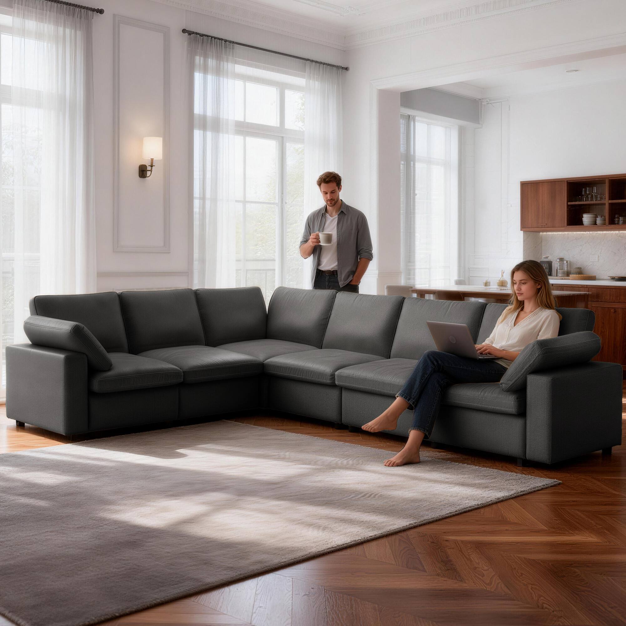 Front. Dyonery - 130"Leather Corner Sofa , Oversized Modular Sofa, Scratch-Resistant Synthetic Leather, U-Shaped Sofa. - Gray.