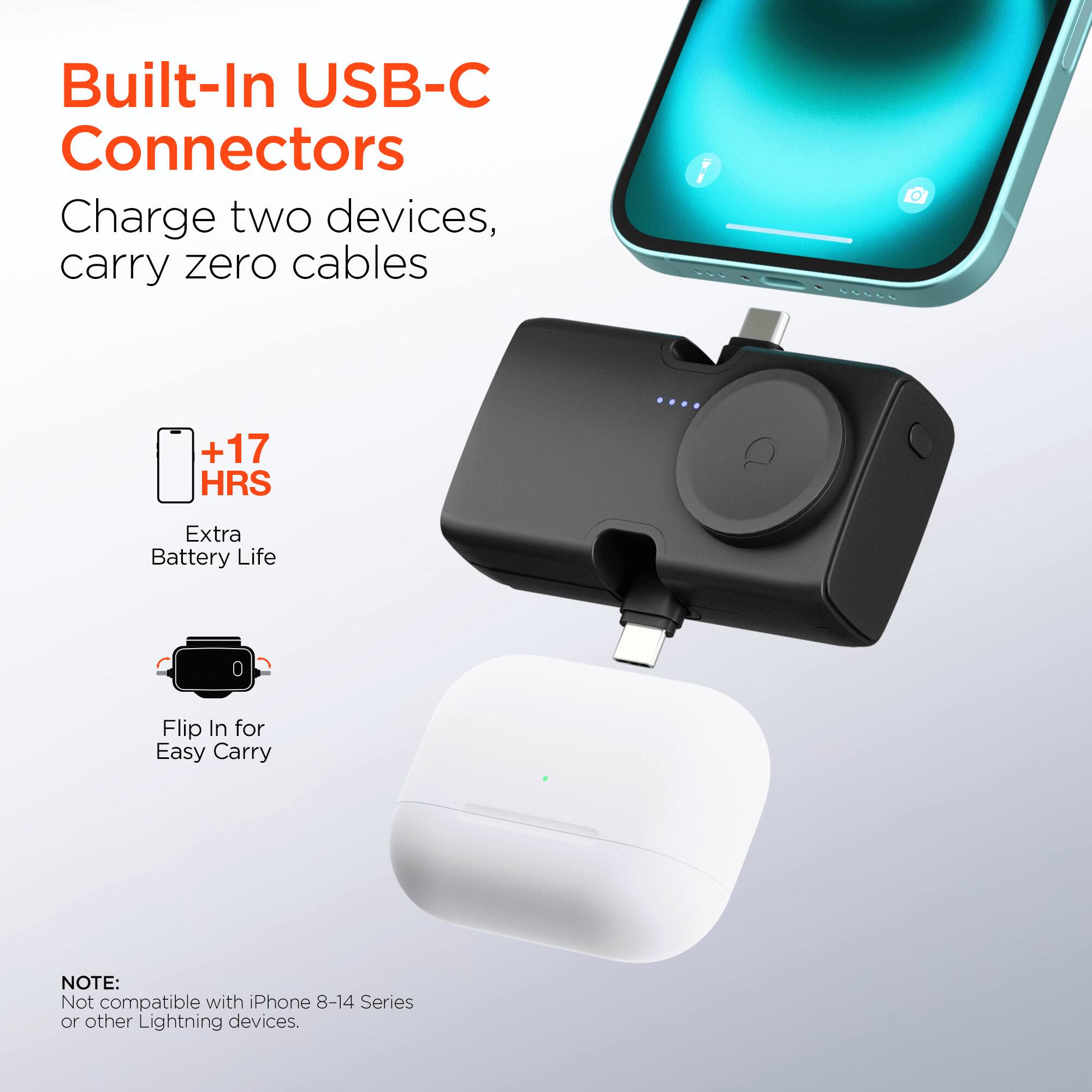 Built-In USB-C Connectors  
Charge two devices, carry zero cables  

+17 HRS Extra Battery Life  

Flip In for Easy Carry  

NOTE: Not compatible with iPhone 8-14 Series or other Lightning devices.
