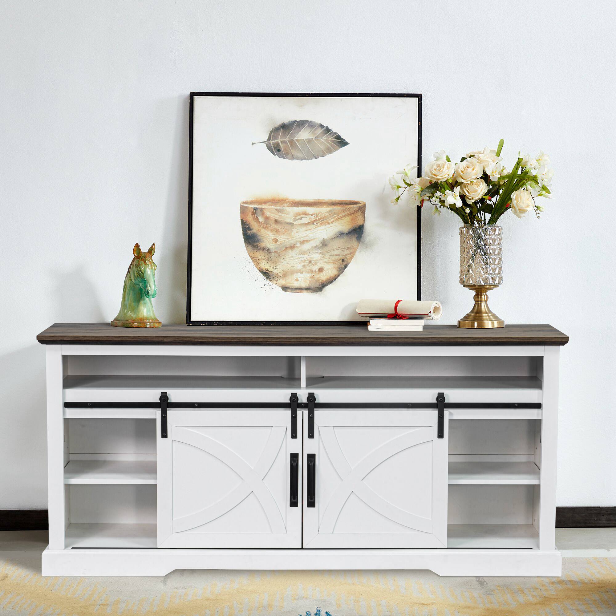 Angle. Ihomeadore - 68" TV Stand with Open Storage Shelves and Cabinets Media Console for TVs up to 78" - White.