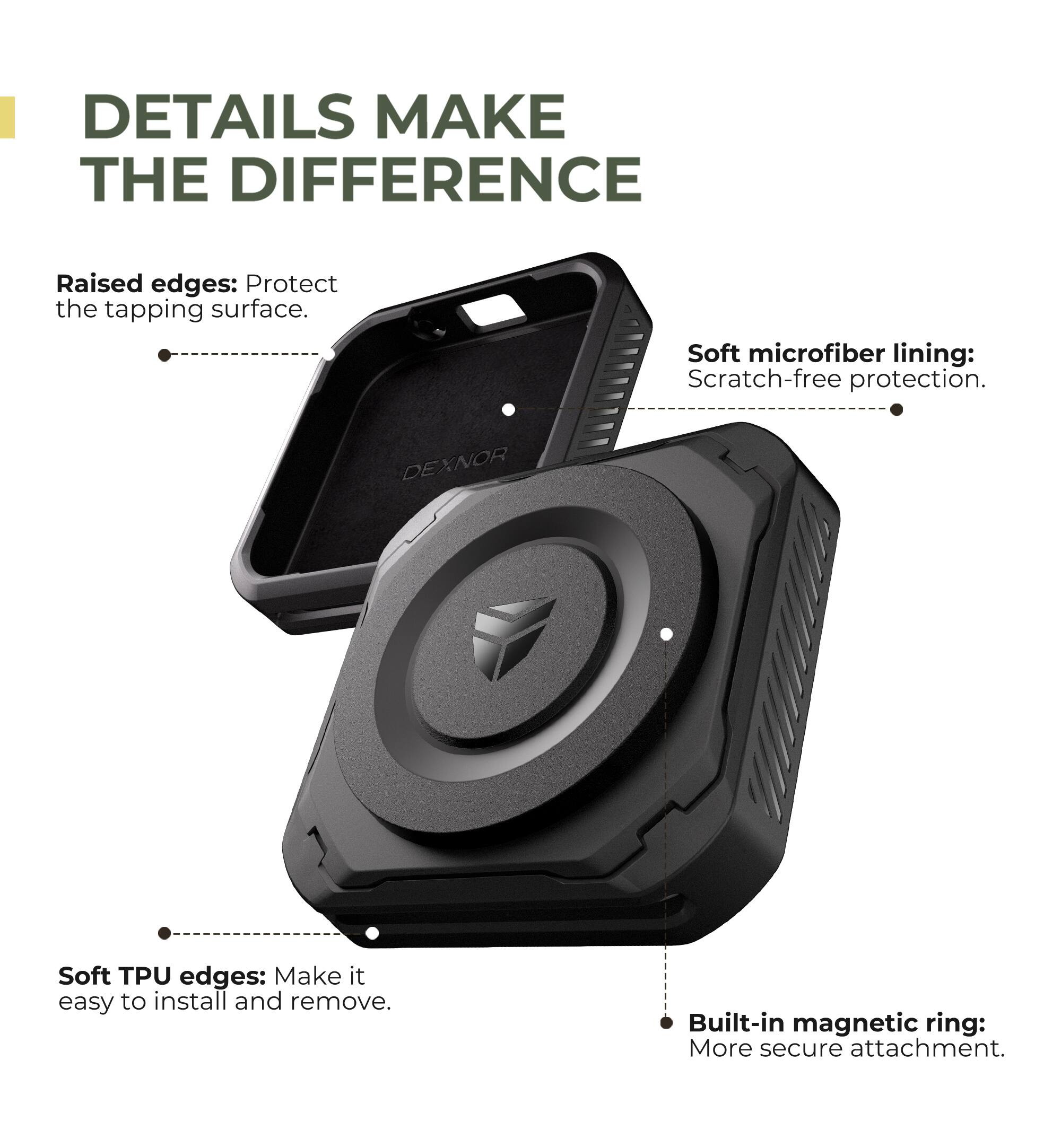 DETAILS MAKE THE DIFFERENCE

Raised edges: Protect the tapping surface.

Soft microfiber lining: Scratch-free protection.

Soft TPU edges: Make it easy to install and remove.

Built-in magnetic ring: More secure attachment.