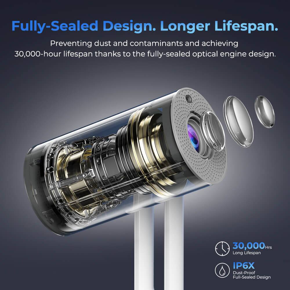 Fully-Sealed Design. Longer Lifespan.

Preventing dust and contaminants and achieving 30,000-hour lifespan thanks to the fully-sealed optical engine design.

30,000 Hrs Long Lifespan  
IP6X Dust-Proof Full-Sealed Design
