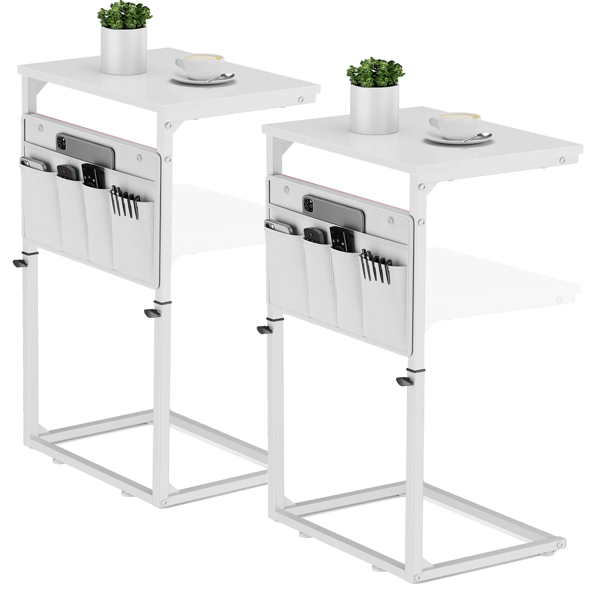 Fabibe - C Shaped End Table 33'' Tall Side For Couch Adjustable Height Small Spaces Slide Under Sofa Tv Tray Arm - White 2pc 16.35"D x 11.62"W x 17.7-32.5"H