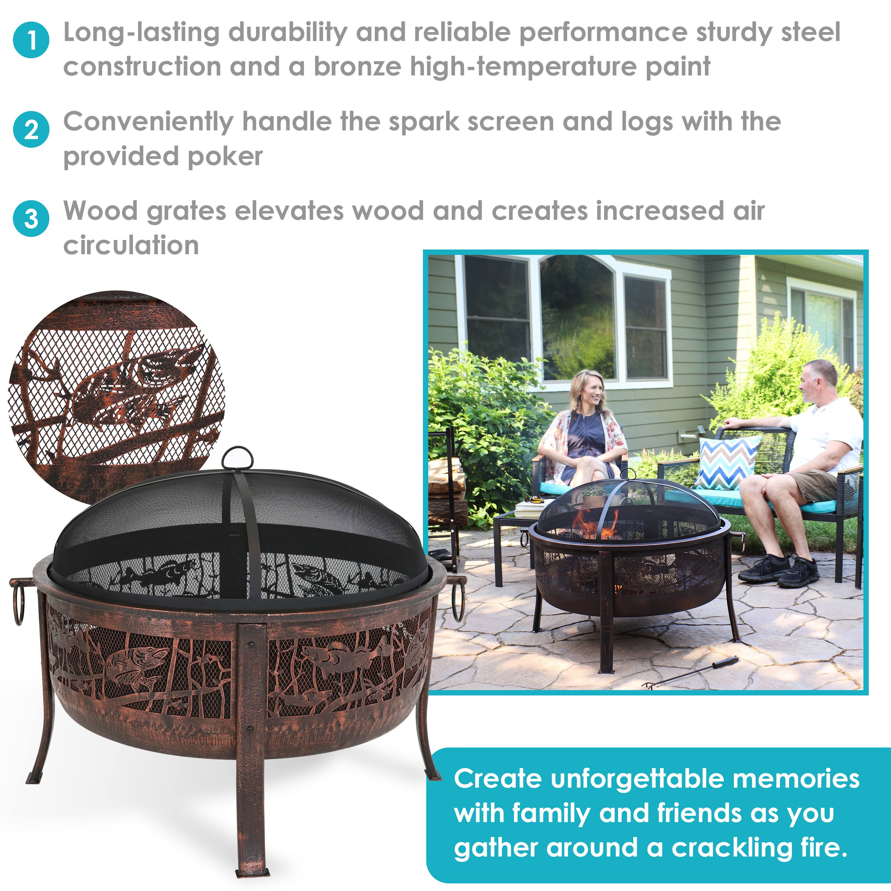 1. Long-lasting durability and reliable performance with sturdy steel construction and a bronze high-temperature paint.
2. Conveniently handle the spark screen and logs with the provided poker.
3. Wood grates elevate wood and create increased air circulation.

Create unforgettable memories with family and friends as you gather around a crackling fire.