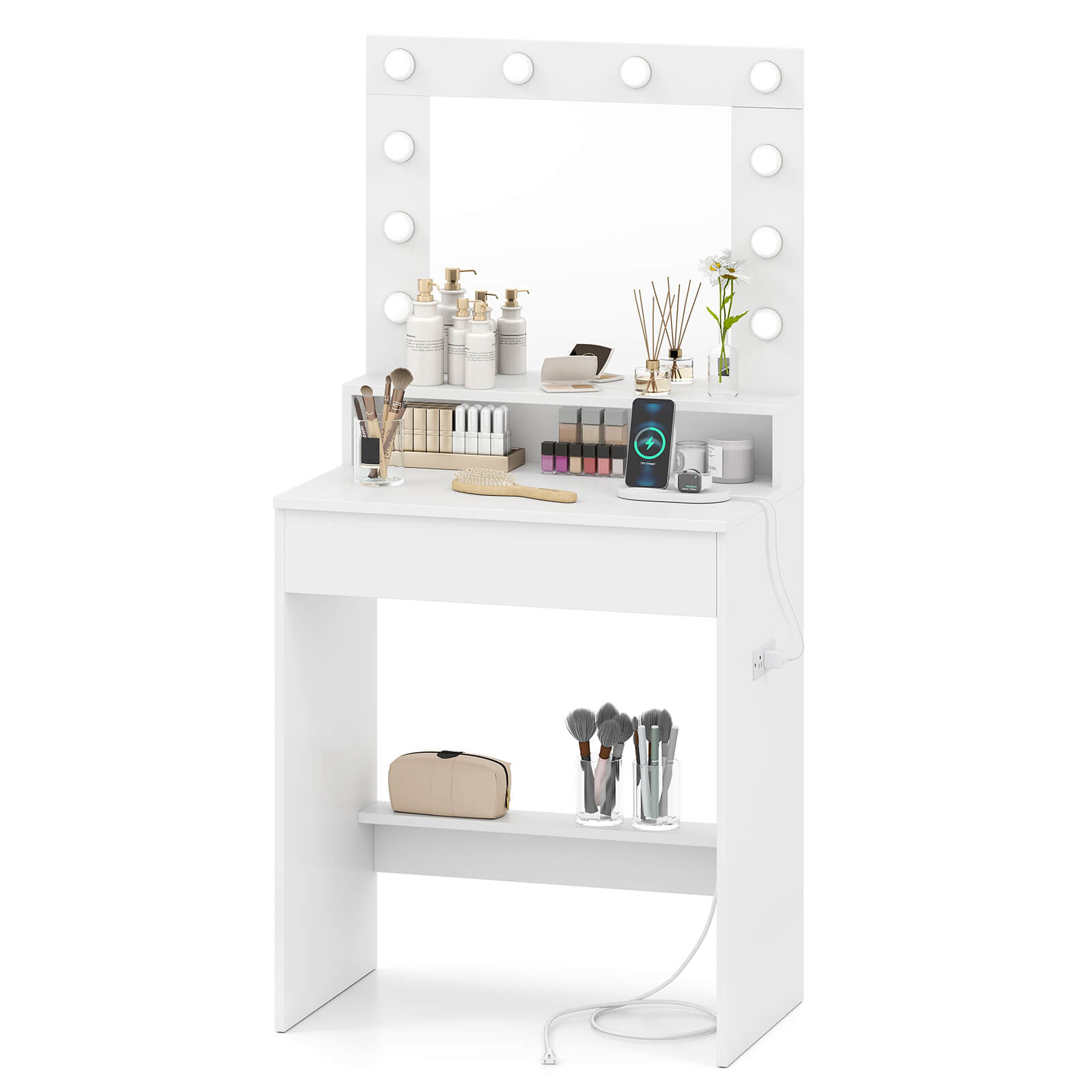 Costway - Vanity Desk with Mirror and Lights with 3 Light Modes & Adjustable Brightness - White