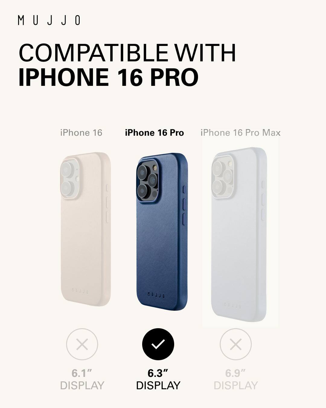 Mujjo is compatible with iPhone 16 Pro, iPhone 16, and iPhone 16 Pro Max. The image features three different iPhone models, each with a unique display size: 6.1", 6.3", and 6.9".