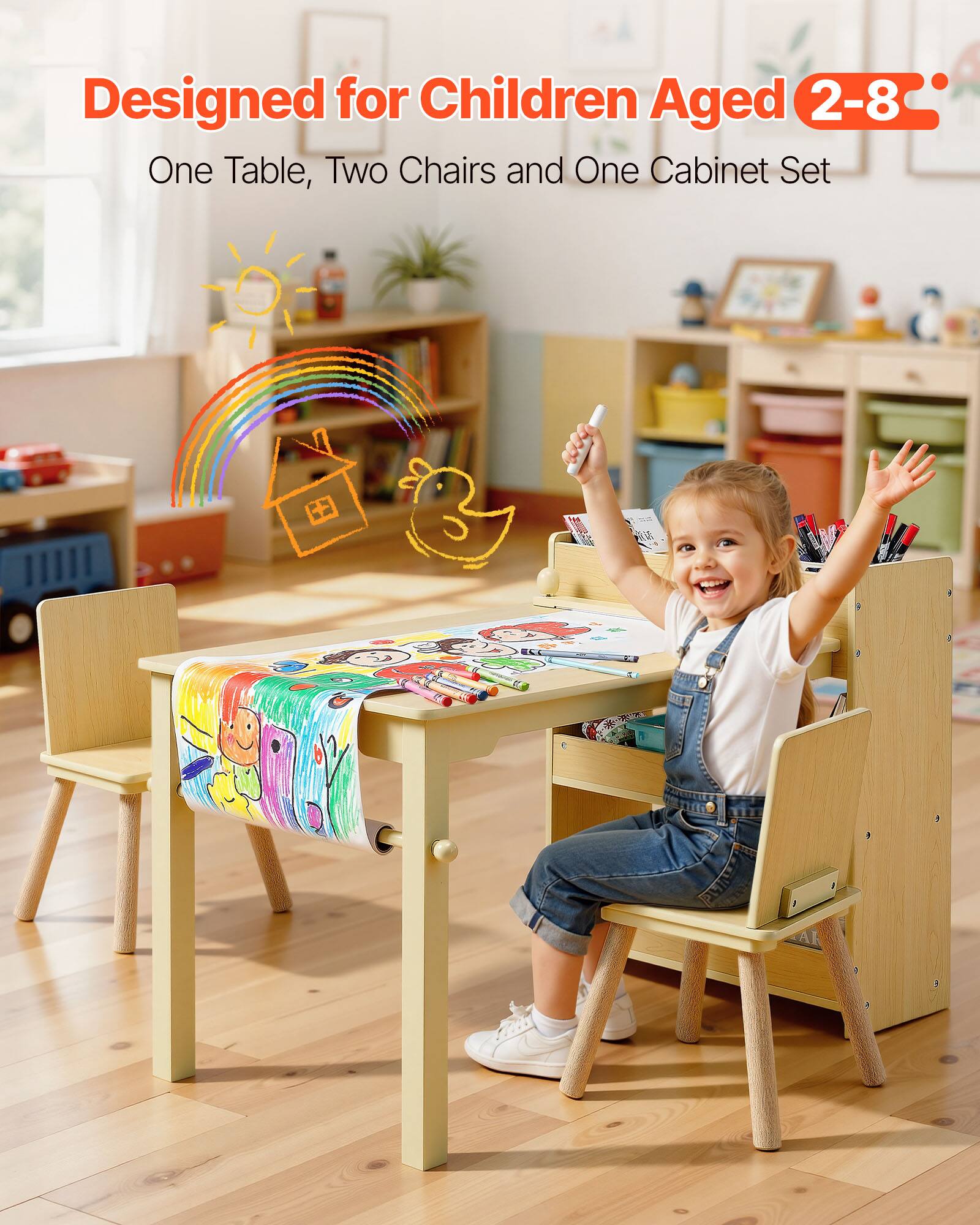 Designed for Children Aged 2-8  
One Table, Two Chairs and One Cabinet Set