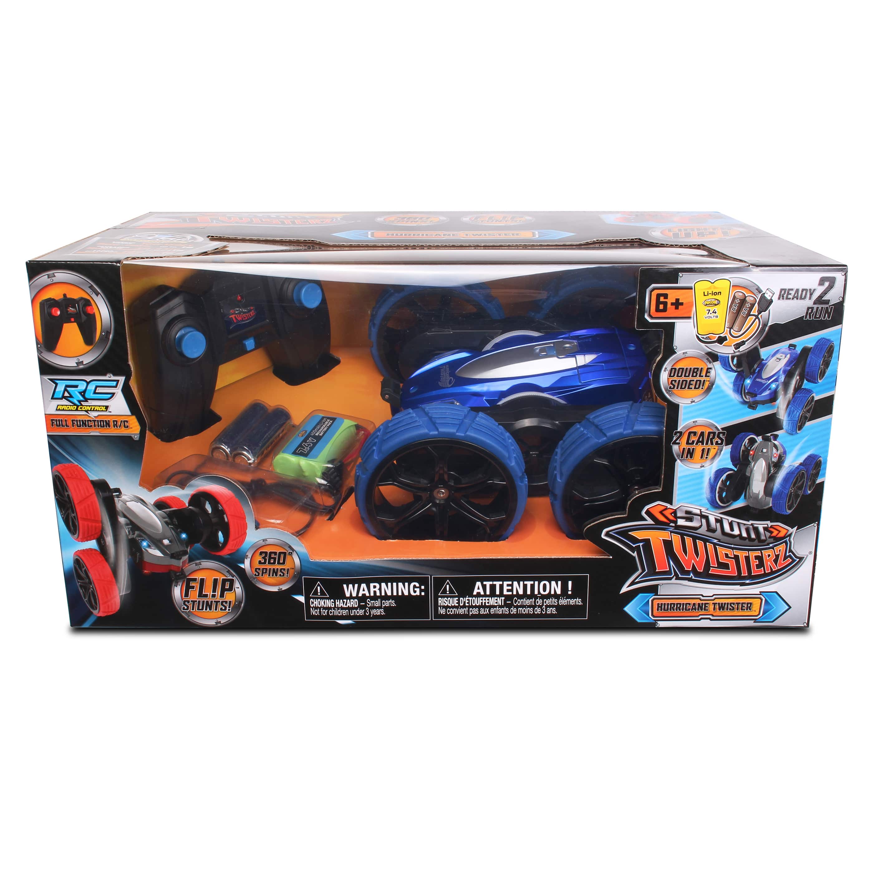 The text on the image is in French, so I cannot group and correct it. However, I can provide a brief summary of the content: The image features a box containing a toy car, specifically a blue Twister car, which is a remote control car with stunt capabilities. The box also includes a set of instructions and a warning label, indicating that the product is intended for children and should be used with caution. The box is labeled with the name "Flip Twister" and has a price tag of 29.99.