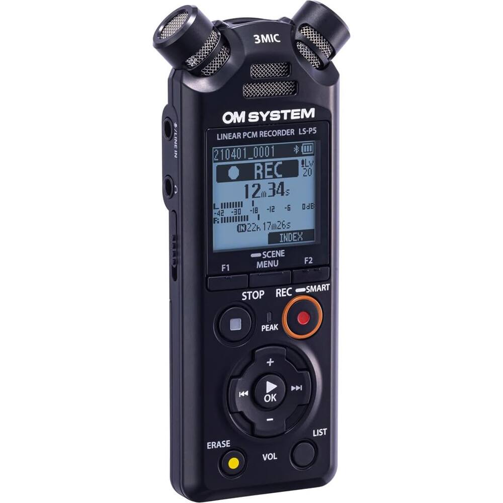 Sure, here is the corrected and grouped text from the image:

---

**OM SYSTEM**  
LINEAR PCM RECORDER LS-P5

**3MIC**

**LINEAR PCM**  
210401_0001  
REC 12m34s  
22h 17m26s  
INDEX

**Lv**  
20

**-18 -12 -6 -42**

**F1**  
**MENU**  
**F2**

**STOP**  
**REC**  
**SMART**

**PEAK**

**OK**

**ERASE**

**VOL**

**LIST**

---

This text is organized based on the layout and labels visible on the recorder.