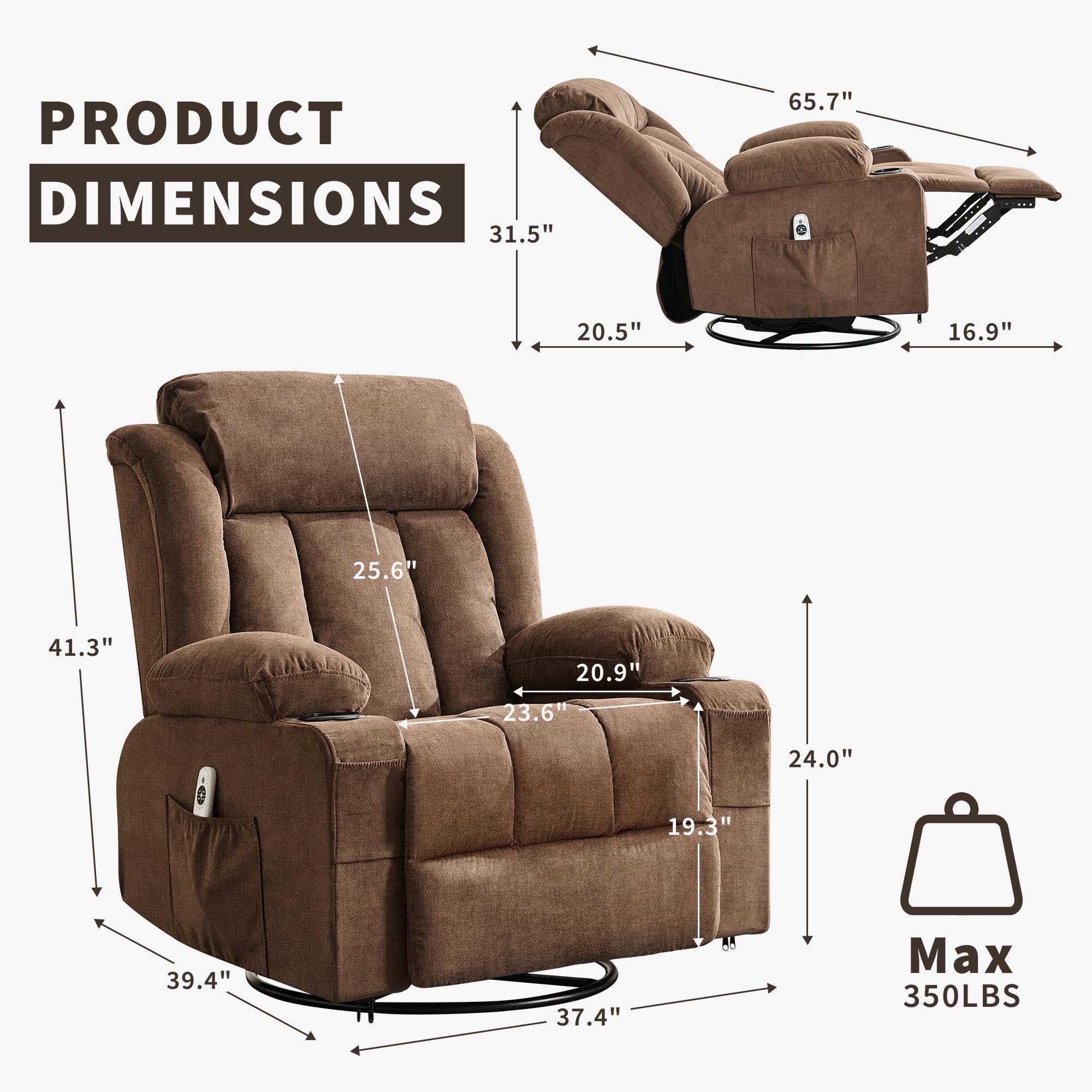 PRODUCT DIMENSIONS

- Height: 65.7"
- Width: 31.5"
- Depth: 20.5"
- Seat Height: 20.9"
- Seat Depth: 23.6"
- Armrest Height: 25.6"
- Armrest Width: 24.0"
- Back Height: 41.3"
- Overall Width: 39.4"
- Overall Depth: 37.4"
- Max Weight Capacity: 350LBS