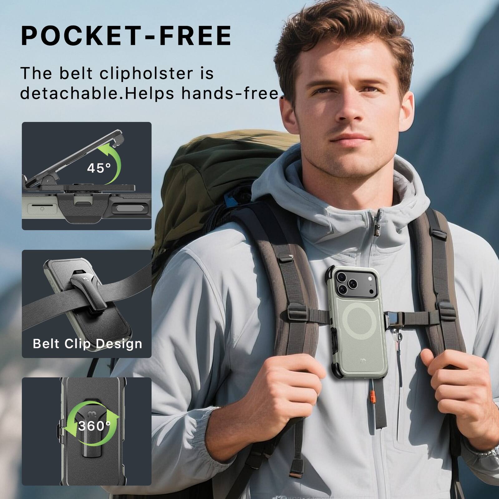 POCKET-FREE

The belt clip holster is detachable. Helps hands-free.

45°

Belt Clip Design

360°