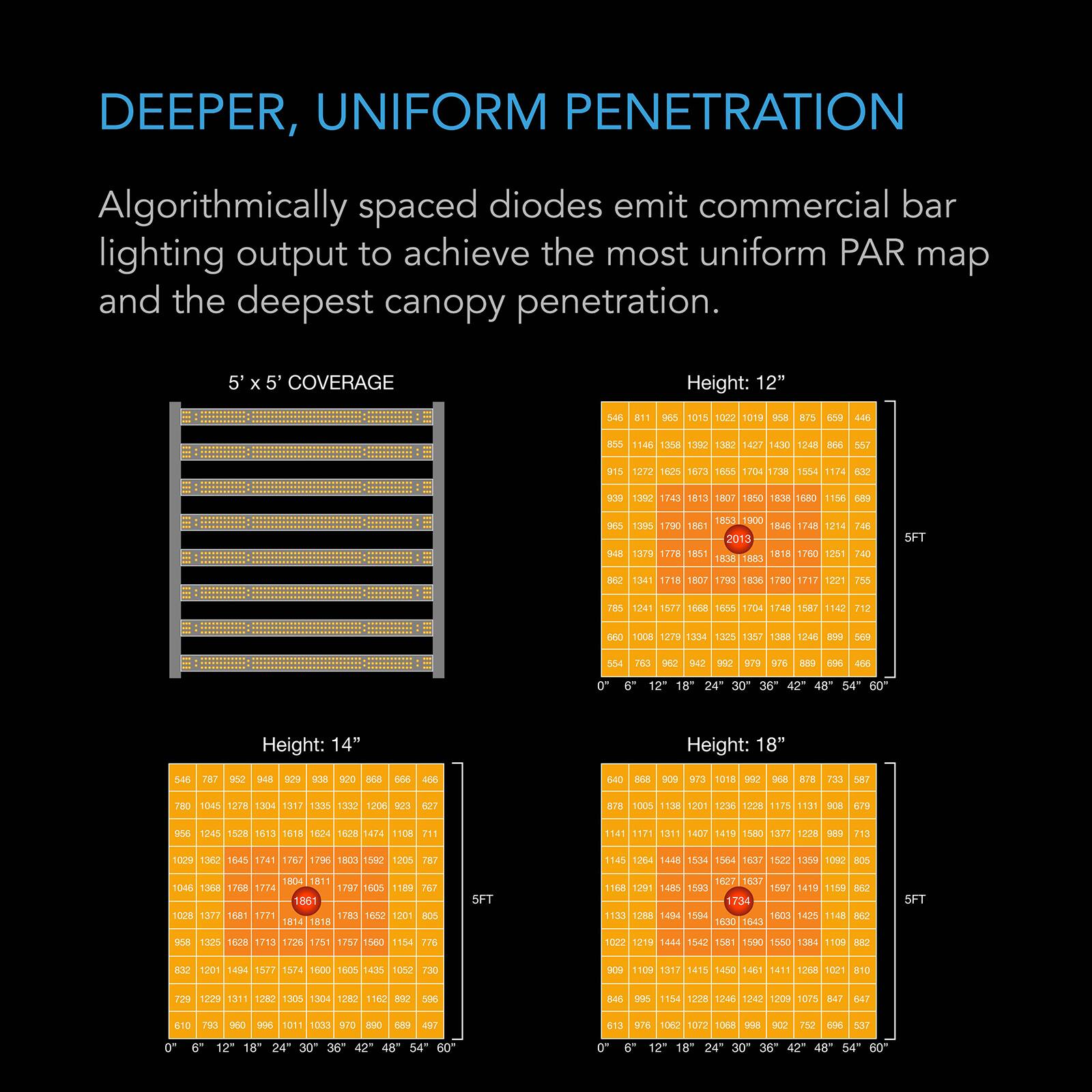 DEEPER, UNIFORM PENETRATION

Algorithmically spaced diodes emit commercial bar lighting output to achieve the most uniform PAR map and the deepest canopy penetration.

5' x 5' COVERAGE

Height: 12"
546 811 965 1015 1022 1019 958 875 659
1382 1427
1248
915 1272
1673
1704 1738 1554
632
1743
1807 1850
689
746
740
1341
1221
1279
1325
1388
763
942

Height: 14"
546 879 942 939 920 868 909 973 1018
968
878 733
780
13