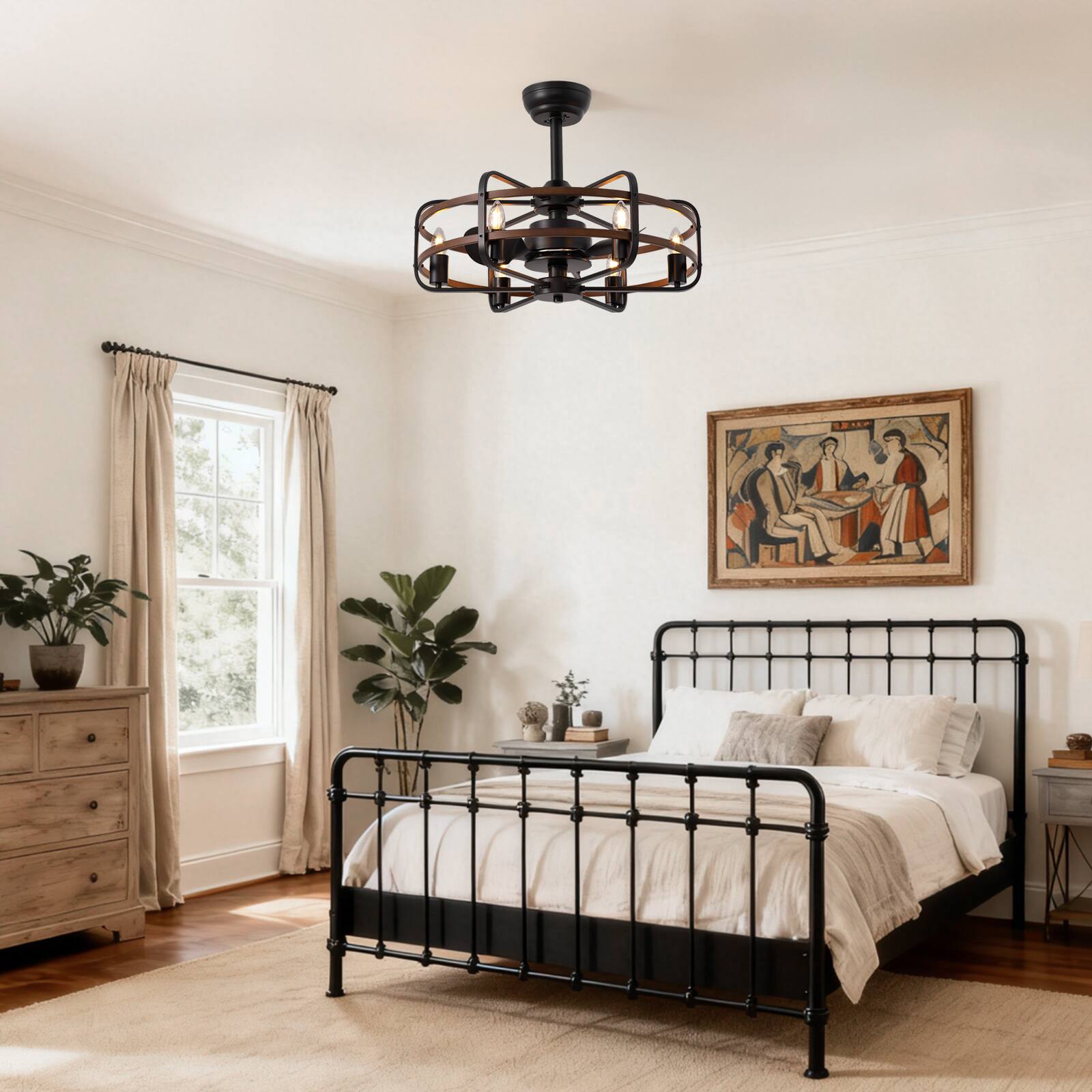 Alt View 1. Siljoy - 24 Inch Farmhouse Ceiling Fan Light 6-Candle Walnut Wood Industrial Chandelier Fan for Bedroom Dining Room  Foyer - Brown.